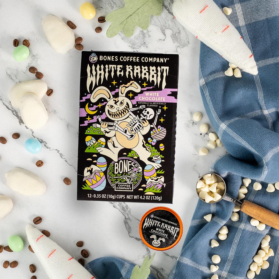Bones Coffee Company White Rabbit, White Chocolate Flavored Coffee Pods, Low Acid Medium Roast Single-Serve Bones Cups, Compatible with 1.0 & 2.0