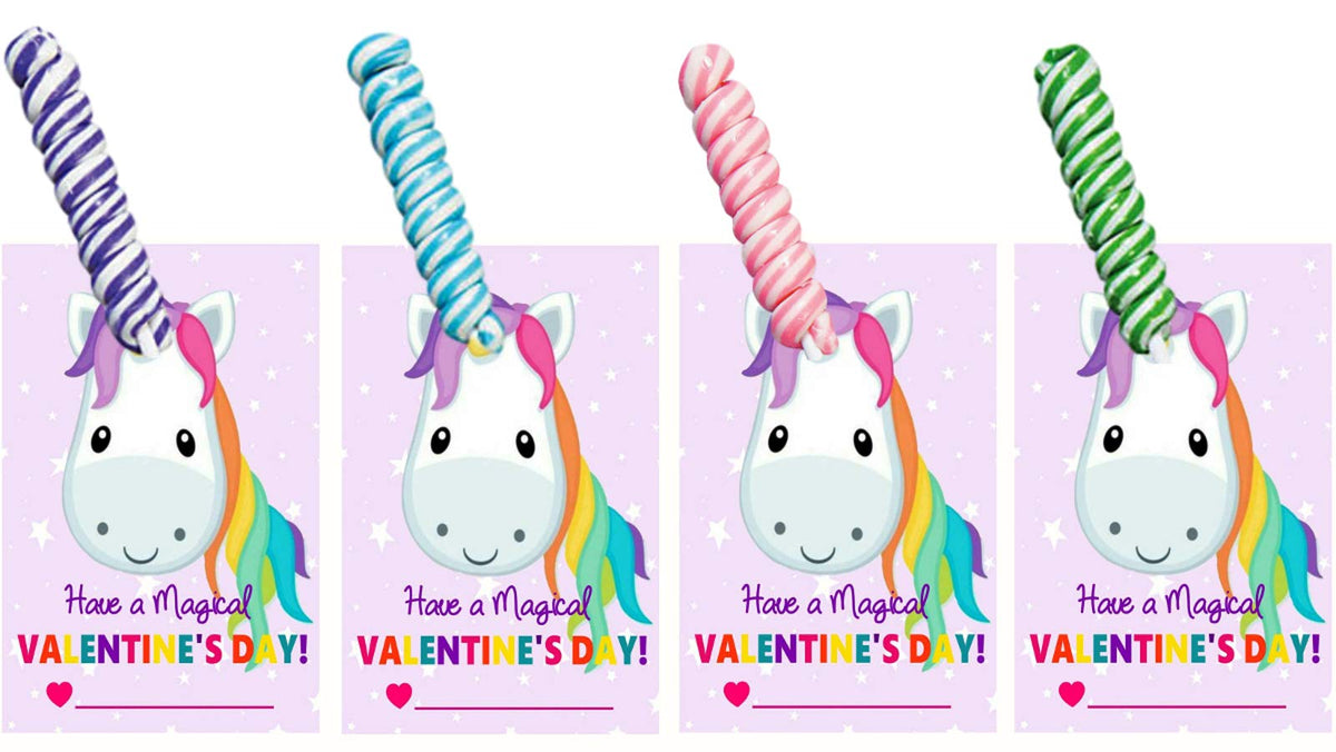 16 Unicorn Valentine Cards With Candy Mini Twisty Pop Sucker for Kids Classroom Party - Set of Exchange Cards with Candy for 16 Children
