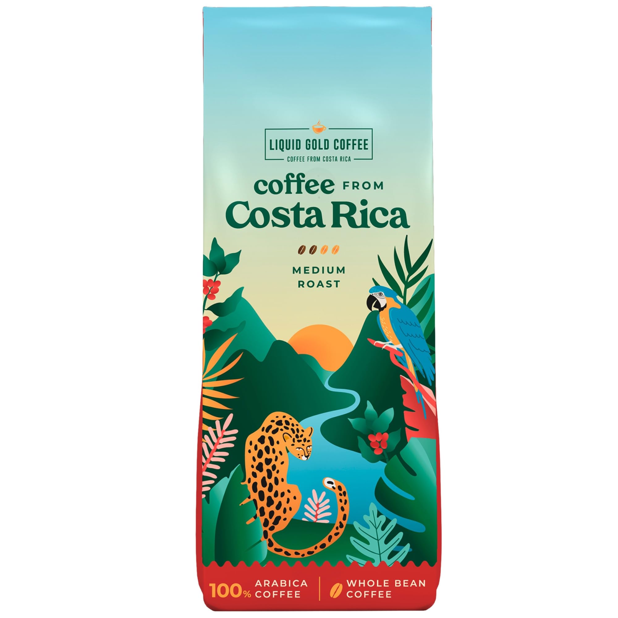 Coffee from Costa Rica, Medium Roast Whole Beans, by Liquid Gold, 1 bag 12oz (340 grams), Fair Trade Certified, Single Origin, 100% Fresh Arabica