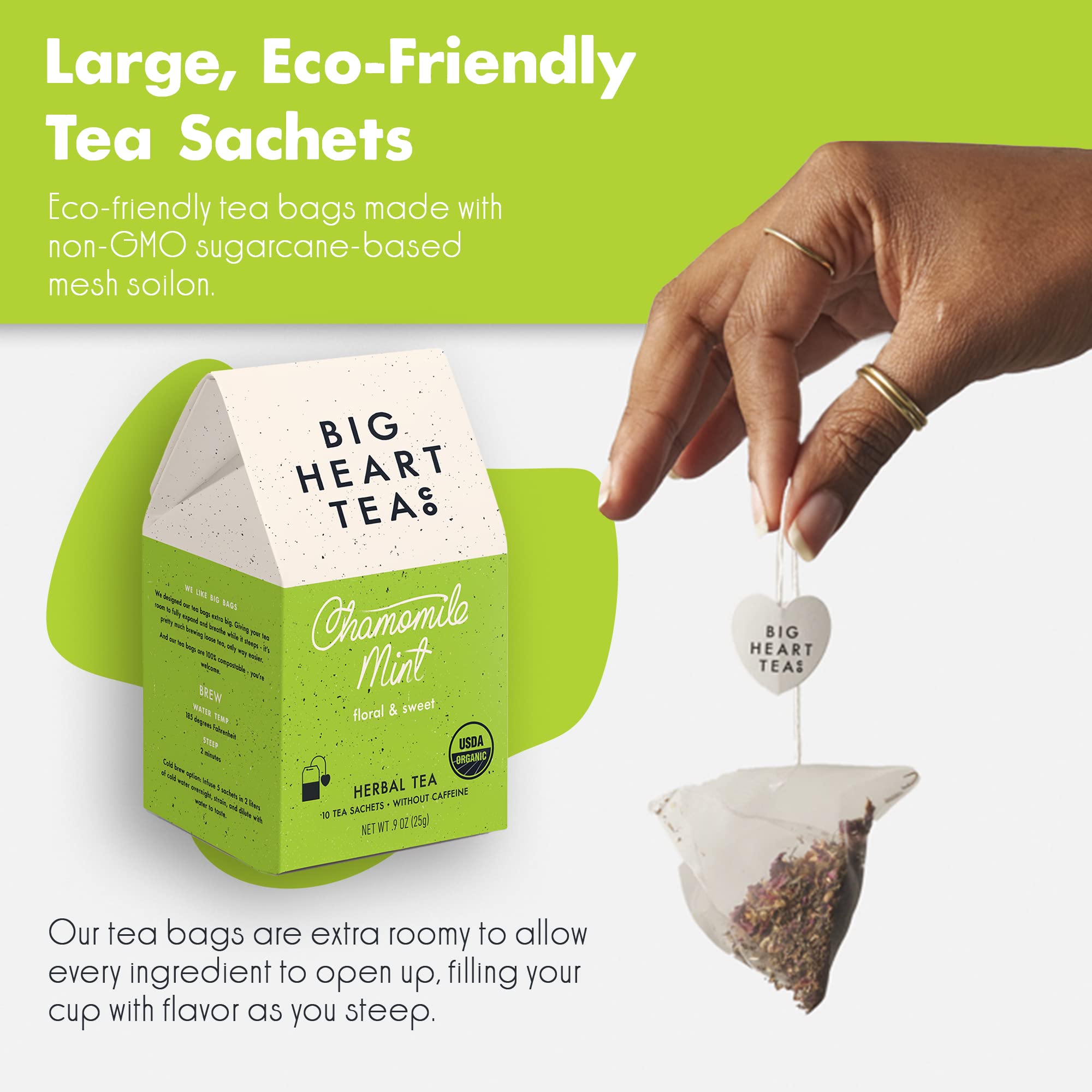 Big Heart Tea Co. Tea Bags - Chamomile Mint - Certified Organic, Calming Herbal Decaf Tea in Zero Plastic Sachets with Small Batch Ground Herbs
