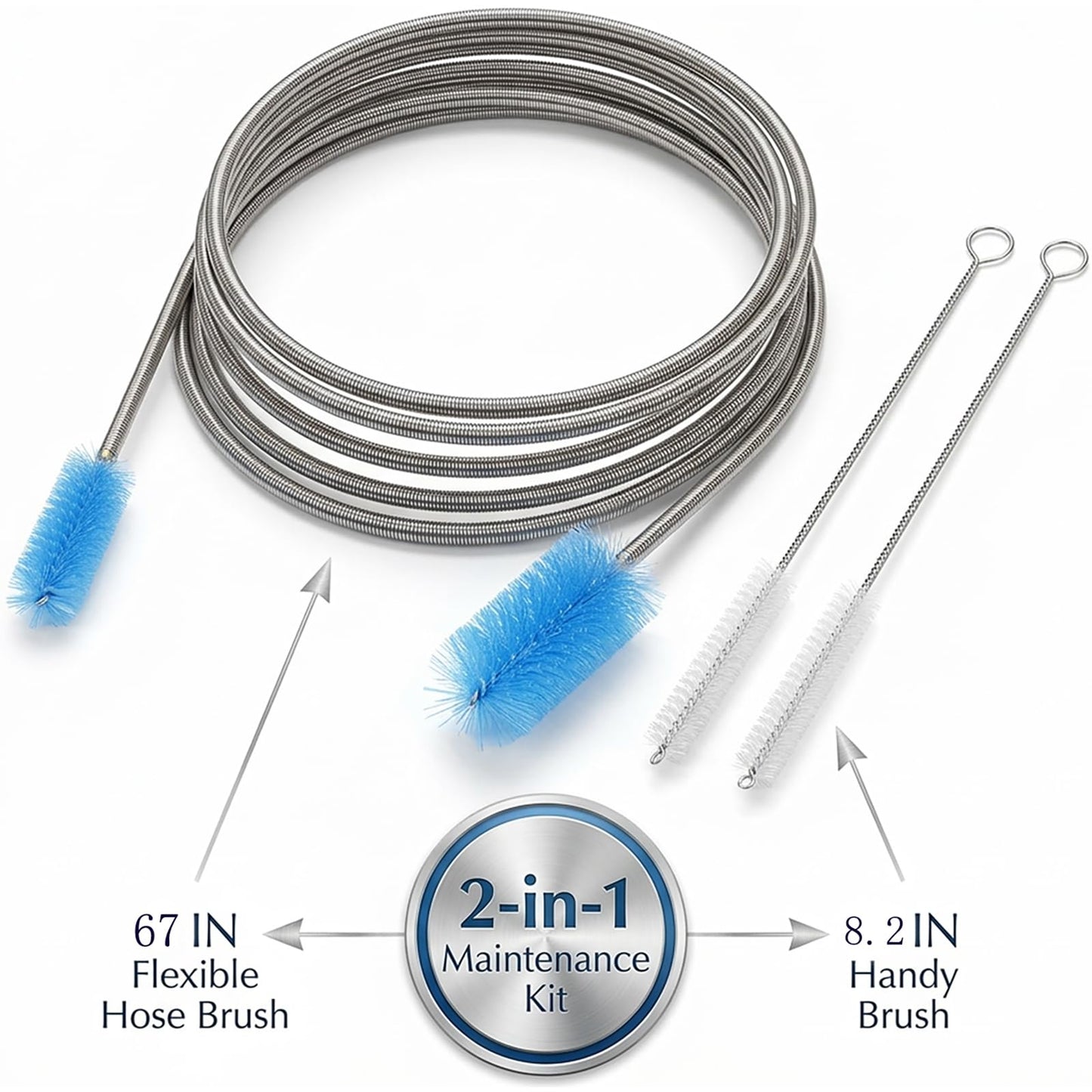 67" Flexible Drain Brush Set, Double Ended Long Hose Pipe Cleaner with 2 Pcs 8.2" Straw Cleaning Brushes, Nylon Tube Cleaner Tool for Refrigerator