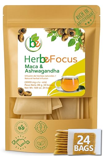 Maca & Ashwagandha Herbal Tea (24 Tea Bags) - 2000mg Each - Traditional Vitality & Balance Blend - 100% Natural, Caffeine-Free, Non-GMO - Authentic