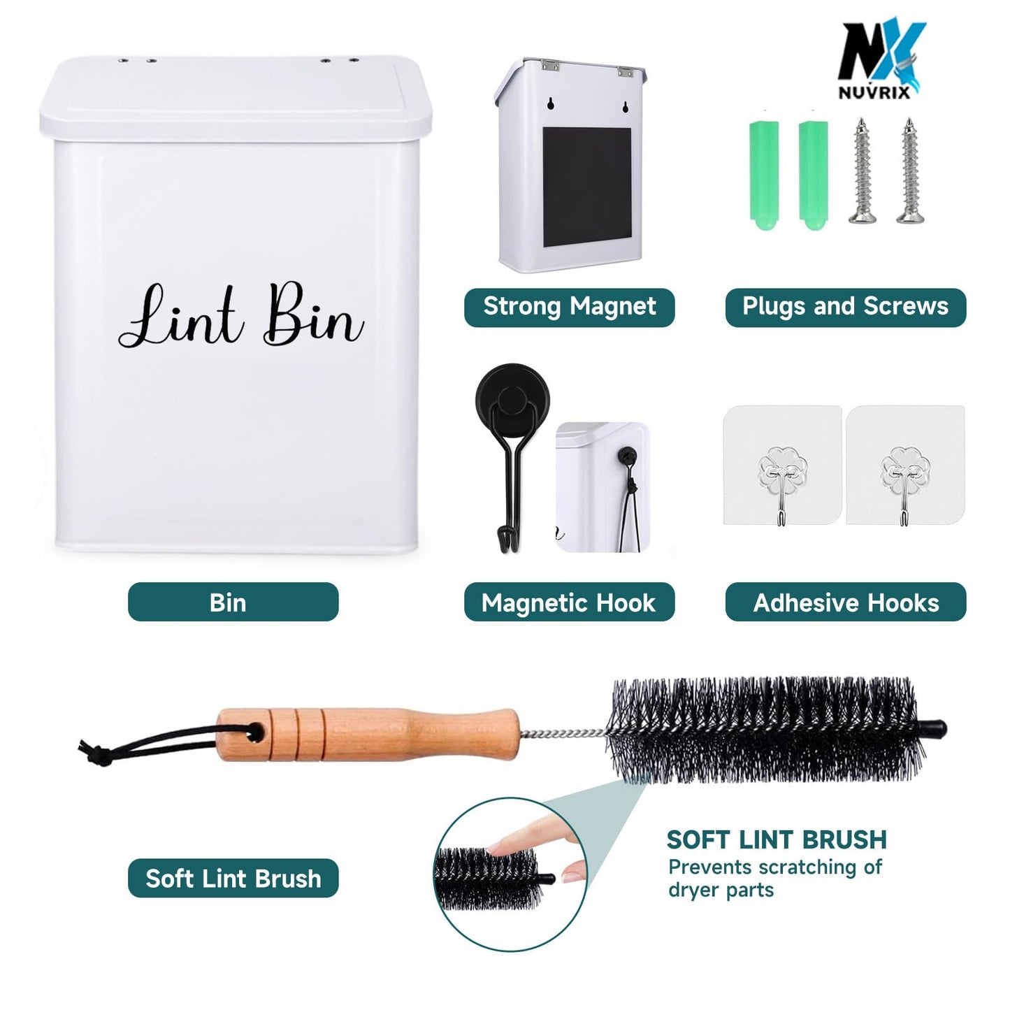 NUVRIX Magnetic Lint Bin for Laundry Room, Wall Mounted Metal Lint Box Holder Trash Can with Lid for Dryer, Lint Basket for Laundry Room