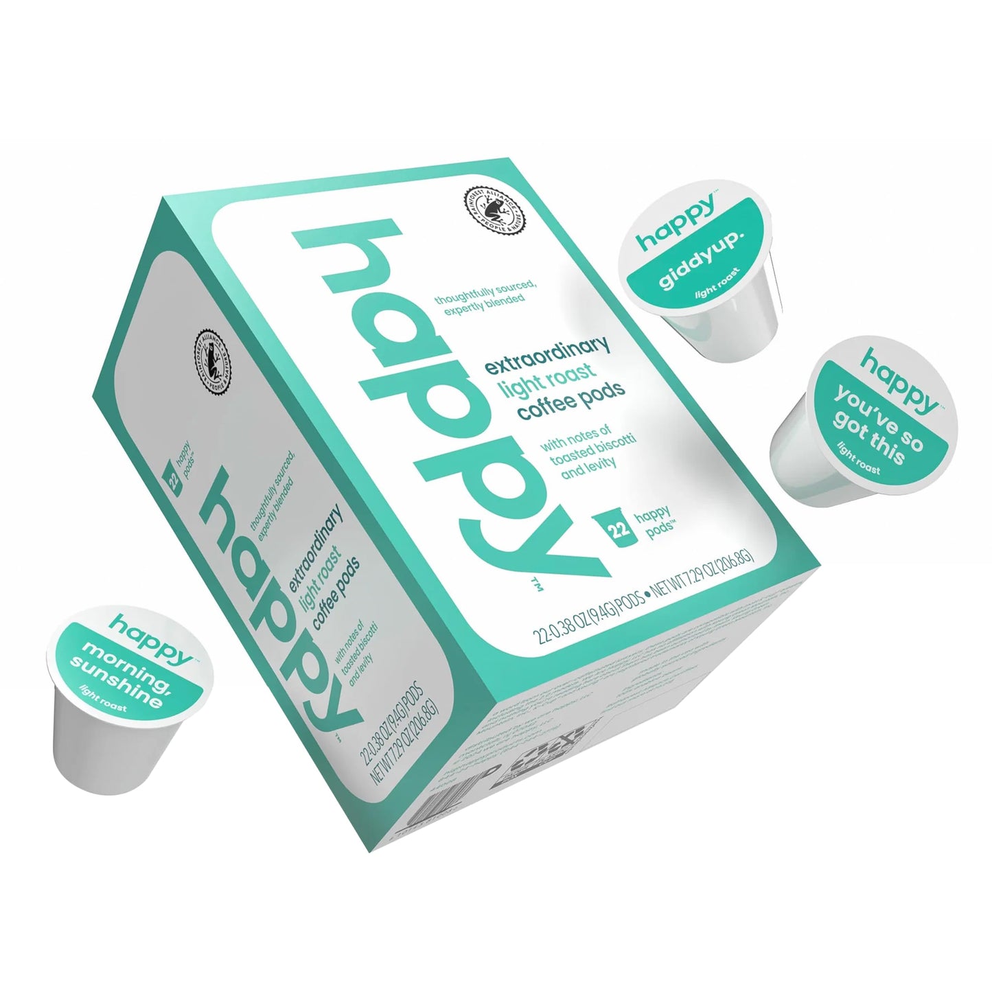 happy coffee light roast coffee pods, 22 count, notes of toasted biscotti and levity, compatible with most K-cup brewers, rainforest alliance