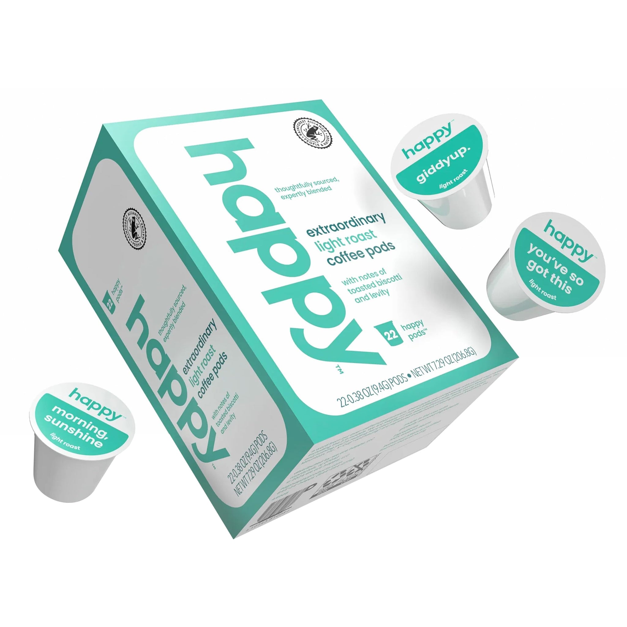 happy coffee light roast coffee pods, 22 count, notes of toasted biscotti and levity, compatible with most K-cup brewers, rainforest alliance