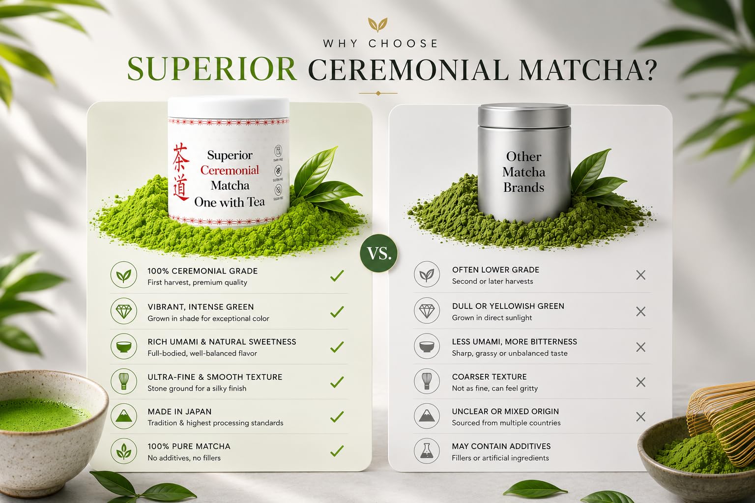 ONE WITH TEA Superieur Ceremonial Matcha Powder, Japanese Green Tea, Stone-Ground, Smooth & Mild Flavor, Ideal for Matcha Latte & Smoothies, 100% Pure