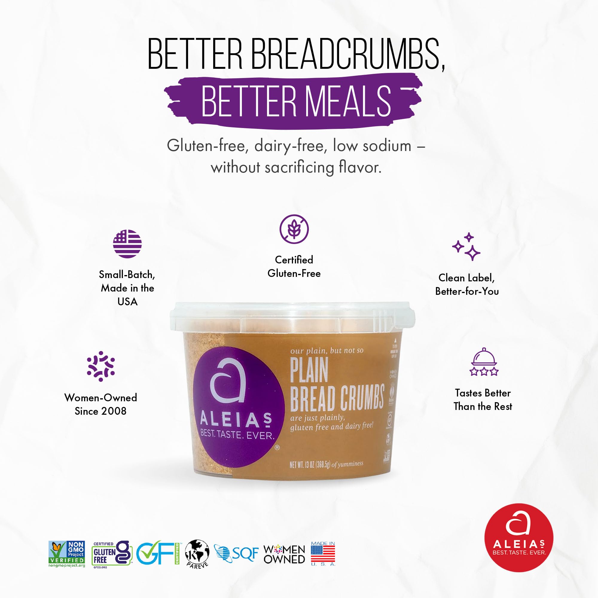 Aleia’s Gluten Free Plain Bread Crumbs - 13oz (1 Pack) - Breading for Chicken, Meatloaf & More - Non-GMO, Dairy Free, Low Sodium, Kosher