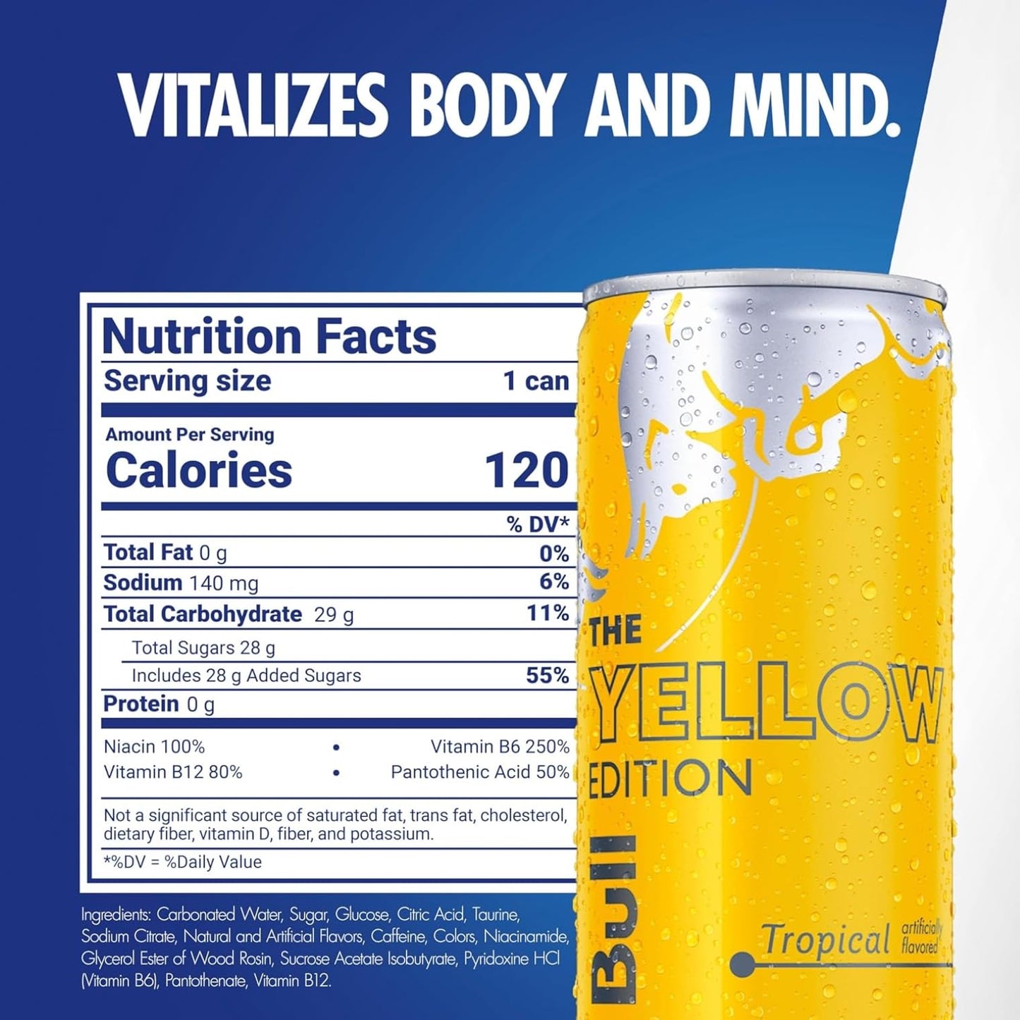 Red Bull Yellow Edition Energy Drink, Tropical, with 80mg Caffeine plus Taurine & B Vitamins, 8.4 Fl Oz, Pack of 12 Cans