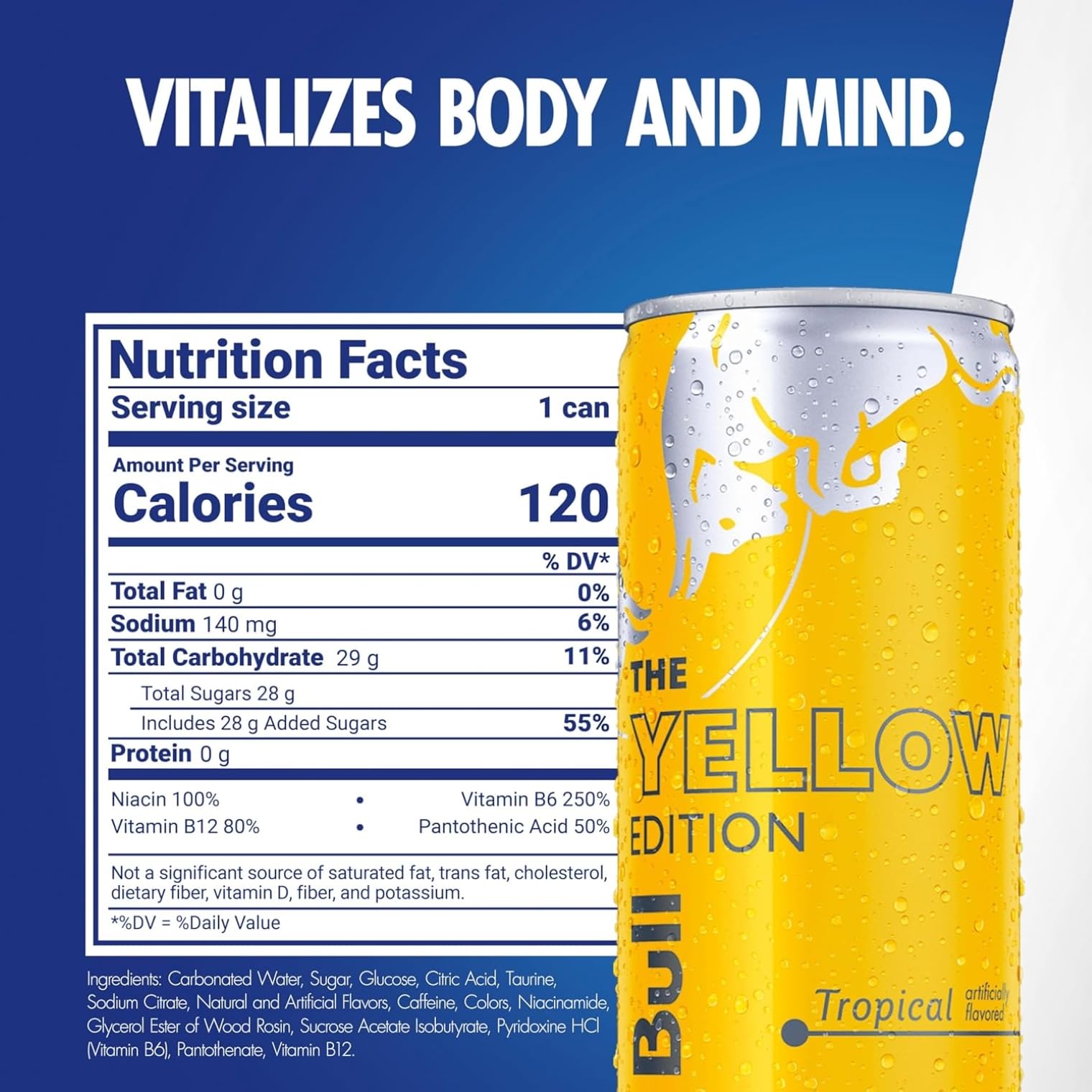 Red Bull Yellow Edition Energy Drink, Tropical, with 80mg Caffeine plus Taurine & B Vitamins, 8.4 Fl Oz, Pack of 12 Cans