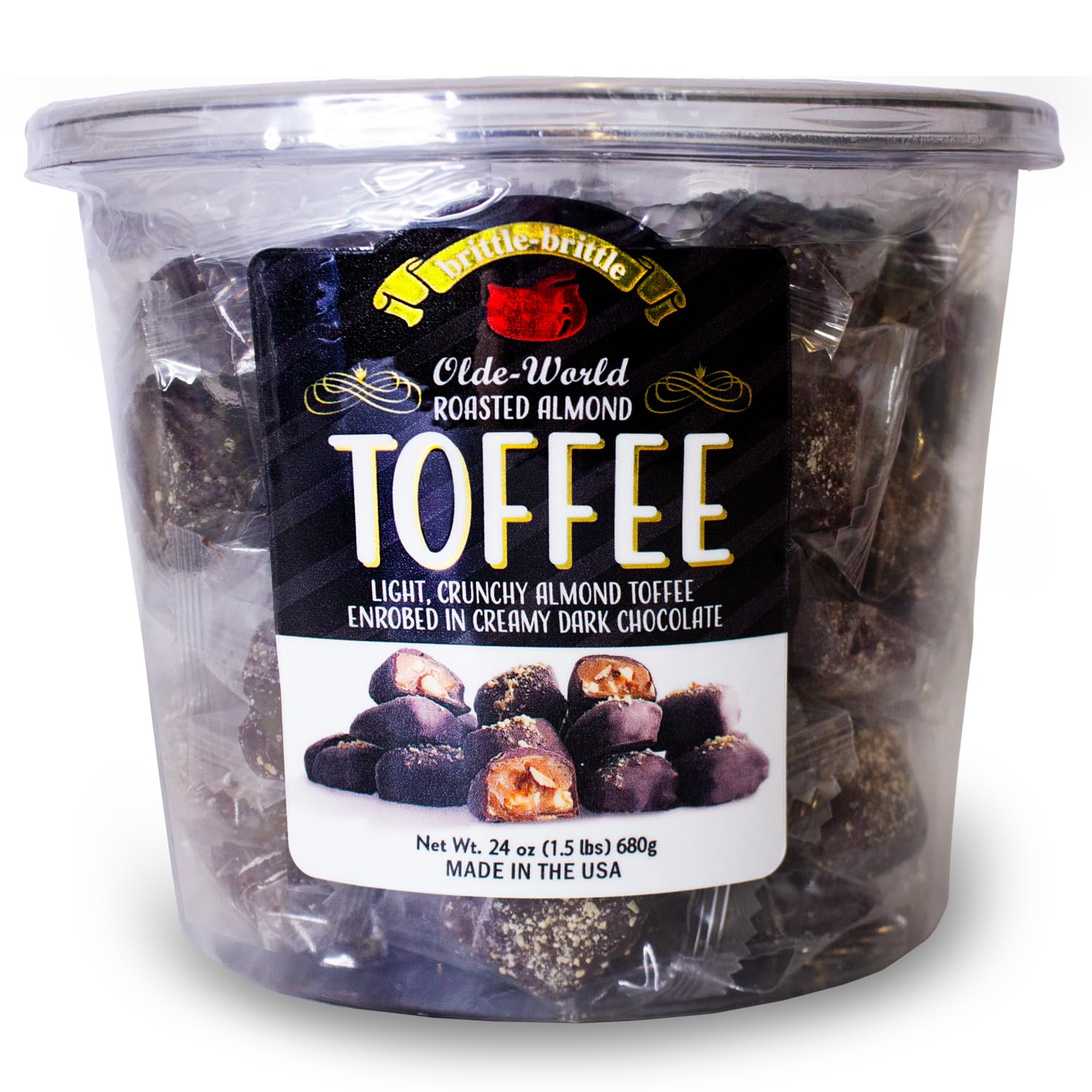 brittle-brittle Roasted Almond Toffee Candy with Dark Chocolate, Handcrafted Gourmet Dessert, Individually Wrapped Treat, Perfect Snack or Gift, 24 oz