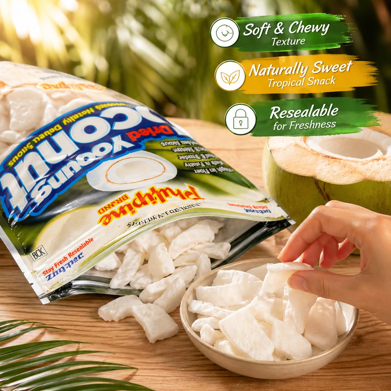 Philippine Brand Premium Dried Coconut Strips and Chunks - 2 Pack -18 oz Natural Young Coconut Meat Snacks from the Philippines - Healthy Filipino