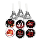 Happy 49th Birthday Party Favor Labels Chocolate Candy Stickers - 49 Years Old Birthday Round Candy Sticker Party Favors - Black and Red - 150