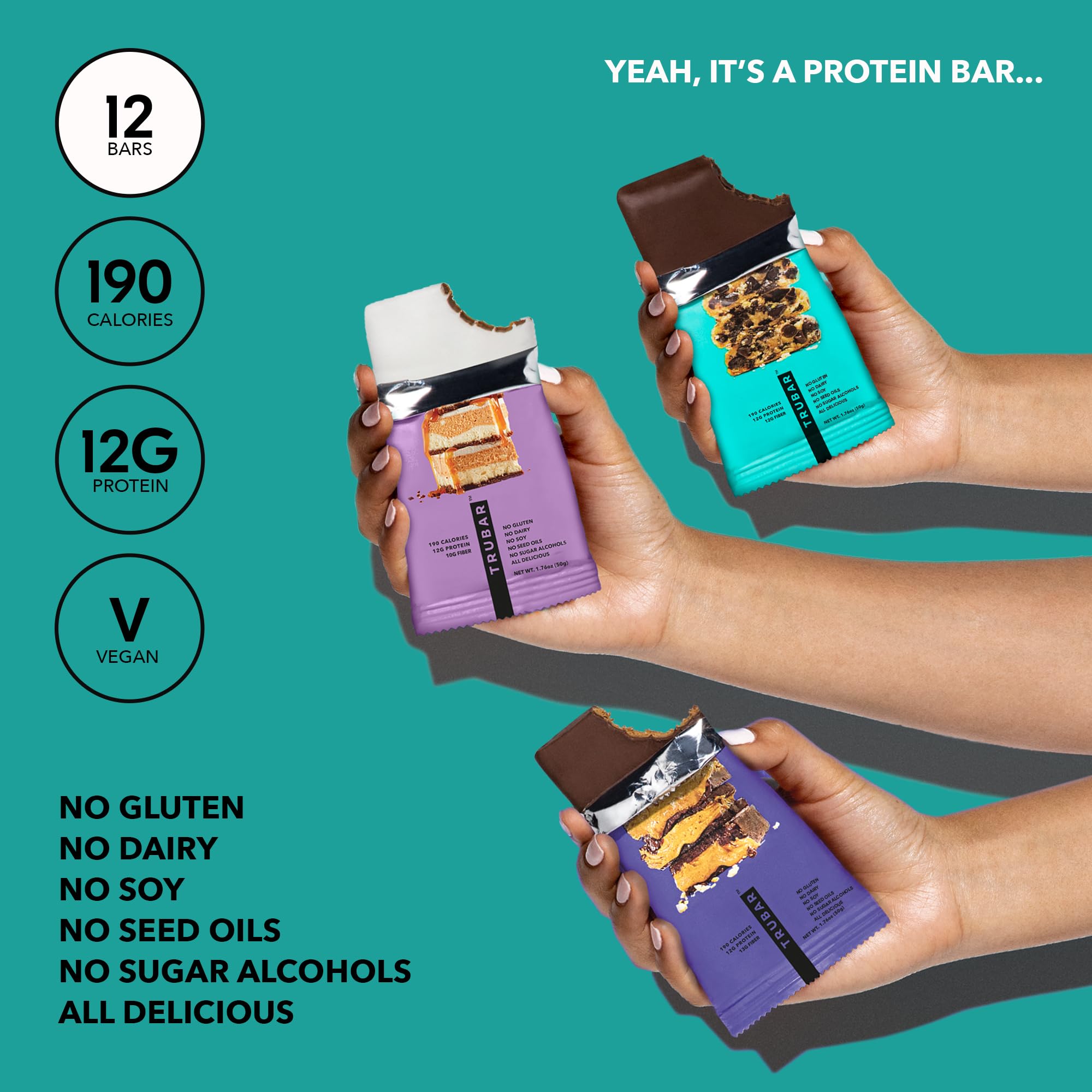 TRUBAR Vegan Protein Bar Variety Pack, Assorted Flavors, Peanut Butter, Macchiato, Cookie Dough, Gluten Free, Vegan Protein Snacks, 12G Plant-Based