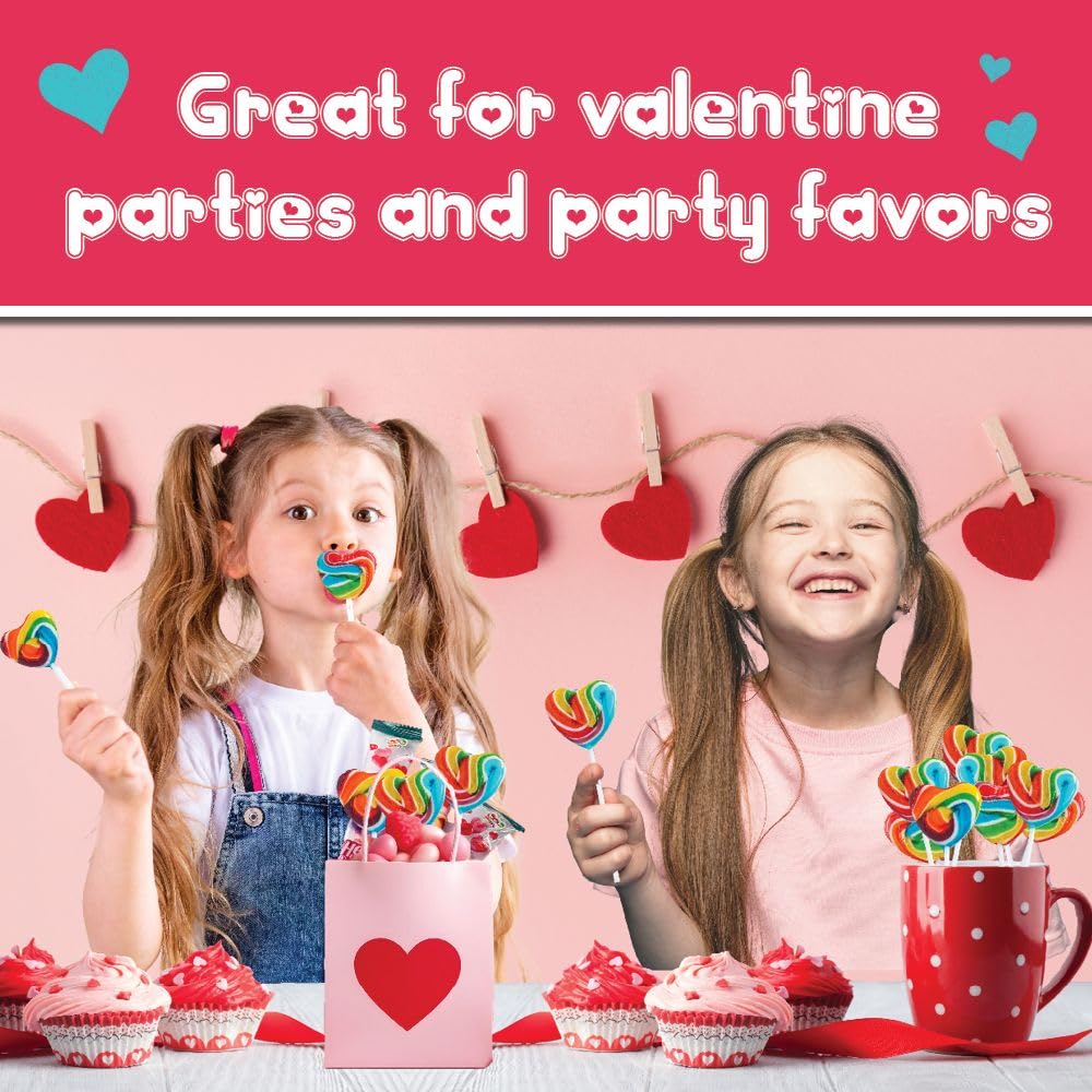 24 Heart Rainbow Lollipops Individually Wrapped, Bursting with Fruity Flavor, Great Swirl Lollipops for Kids Birthday Parties, Valentines Lollipop