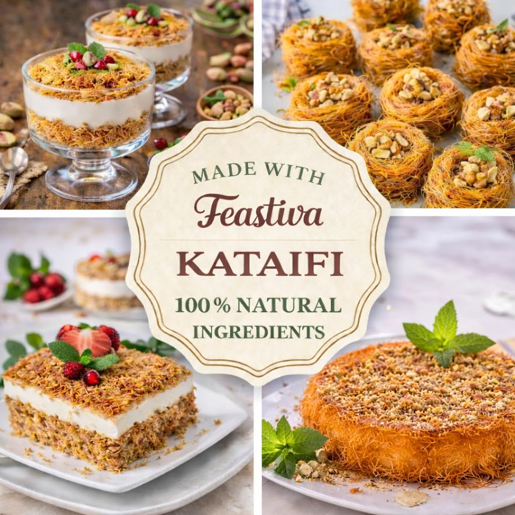 Feastiva Kataifi Shredded Fillo Dough 500 gr (17.6 oz) | Dried & Chopped Kadayif | Kurutulmus Katafi Phyllo Dough for Dubai Chocolate Filling, Kunafa