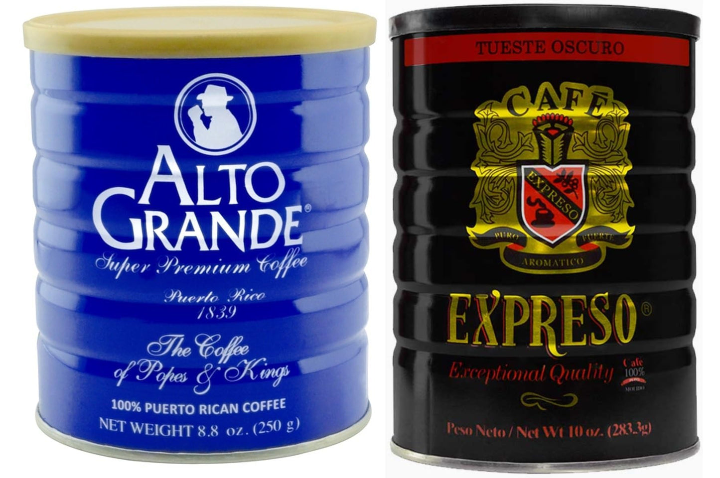 Alto Grande Super Premium Medium-Dark Ground Coffee 8.8 Ounce Canister and Garrido Expreso Dark Roast Coffee 10 Ounce Canister, Arabica, Puerto Rico
