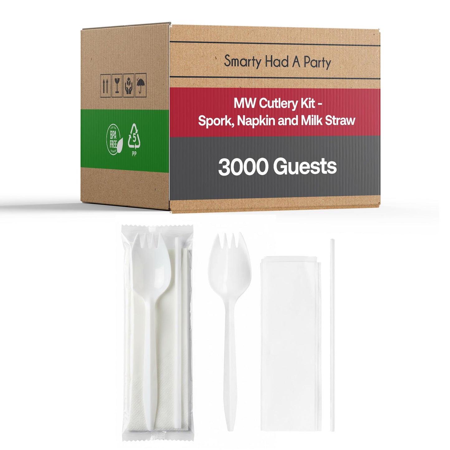Disposable Individually Wrapped Spork Kit with Napkin & Milk Straw, 9000-Piece Medium Weight Plastic Sporks (3000 Sets) Bulk Cafeteria Lunch Utensil
