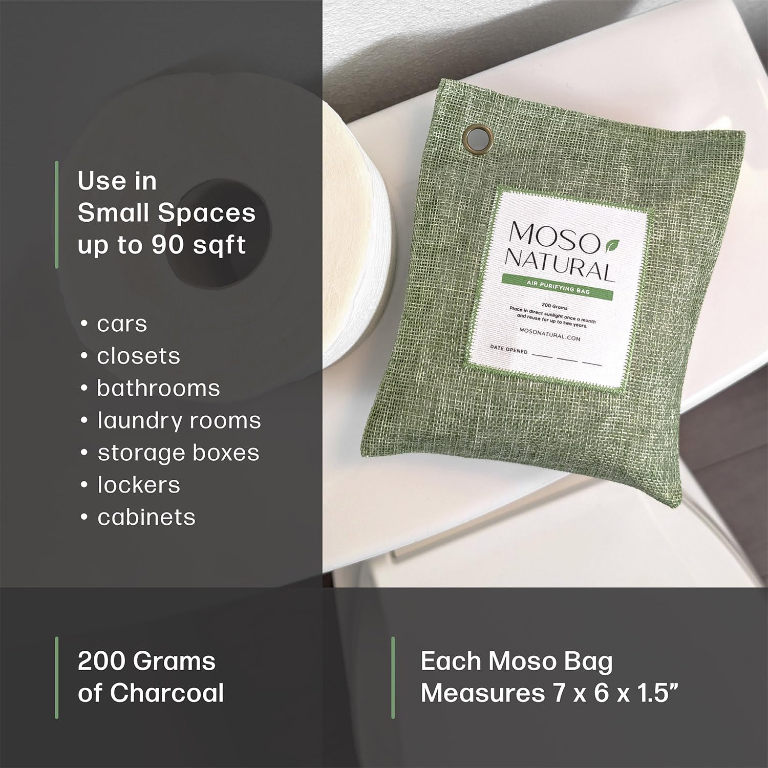 Moso Natural Air Purifying Bag 200g (3 Pack). A Scent Free Odor Eliminator for Cars, Closets, Bathrooms, Pet Areas. Premium Moso Bamboo Charcoal Odor