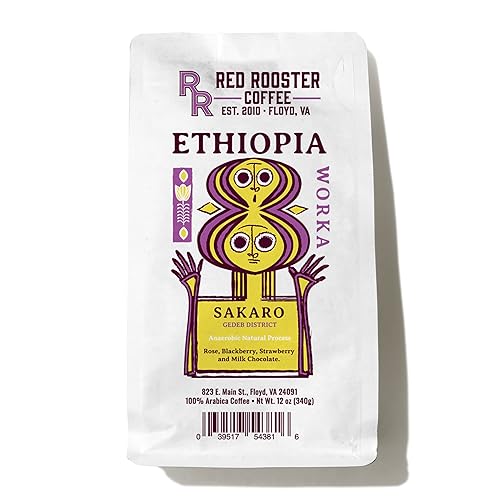 Red Rooster Coffee, Ethiopia Worka Sakaro Anaerobic Natural Coffee - Light Roast, Single Origin Landrace - Notes of Raspberry Tea, Milk Chocolate