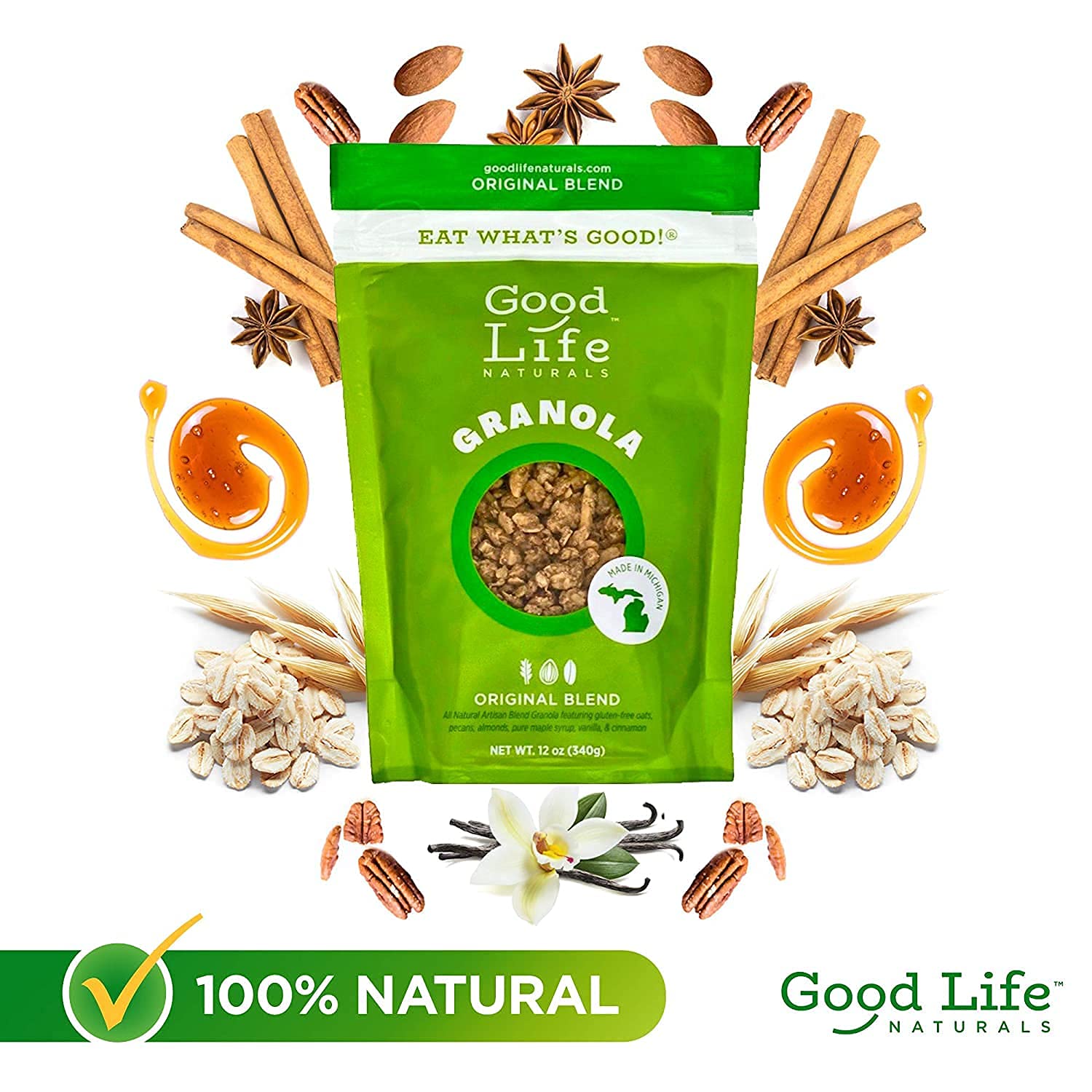 Good Life Natural’s Granola Cereal | Artisan Blended Natural Ingredients | Almonds, Pecans, Vanilla, & Cinnamon | No Artificial Flavoring or