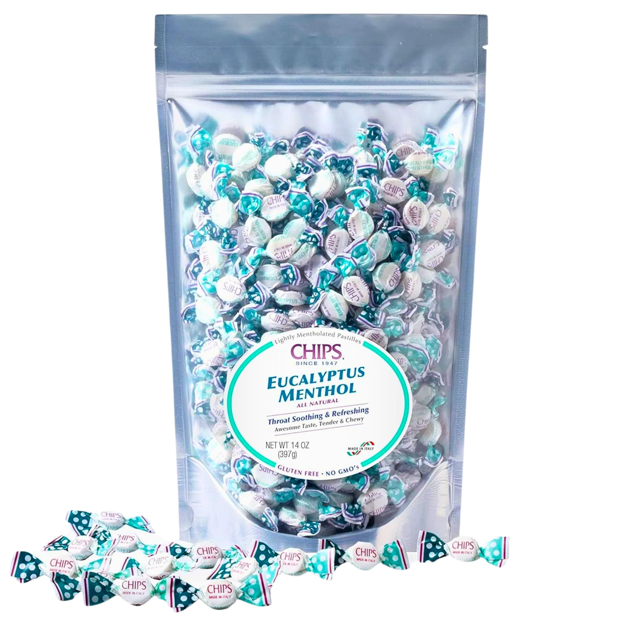 CHIPS Eucalyptus Menthol Italian Throat Pastilles, Soothing and Refreshing, All-Natural Vegan Candy, Gluten Free, Non-GMO, Prebiotic, 14 Oz, 350 Count