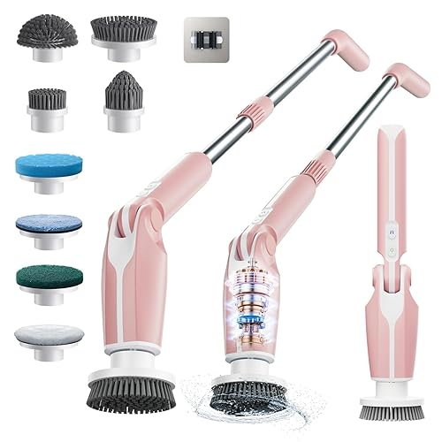 Leebein Electric Spin Scrubber, Shower Scrubber with 4 Adjustable Angles and 8 Brush Heads, Electric Scrubber with Long Handle & Remote Controller