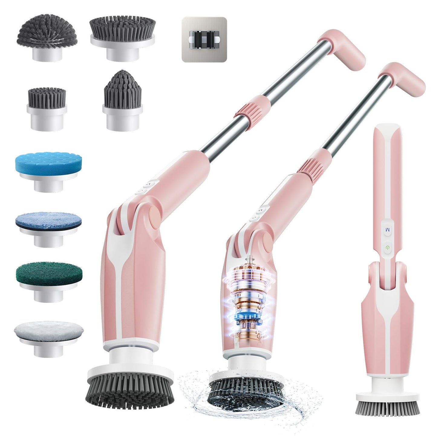 Leebein Electric Spin Scrubber, Shower Scrubber with 4 Adjustable Angles and 8 Brush Heads, Electric Scrubber with Long Handle & Remote Controller