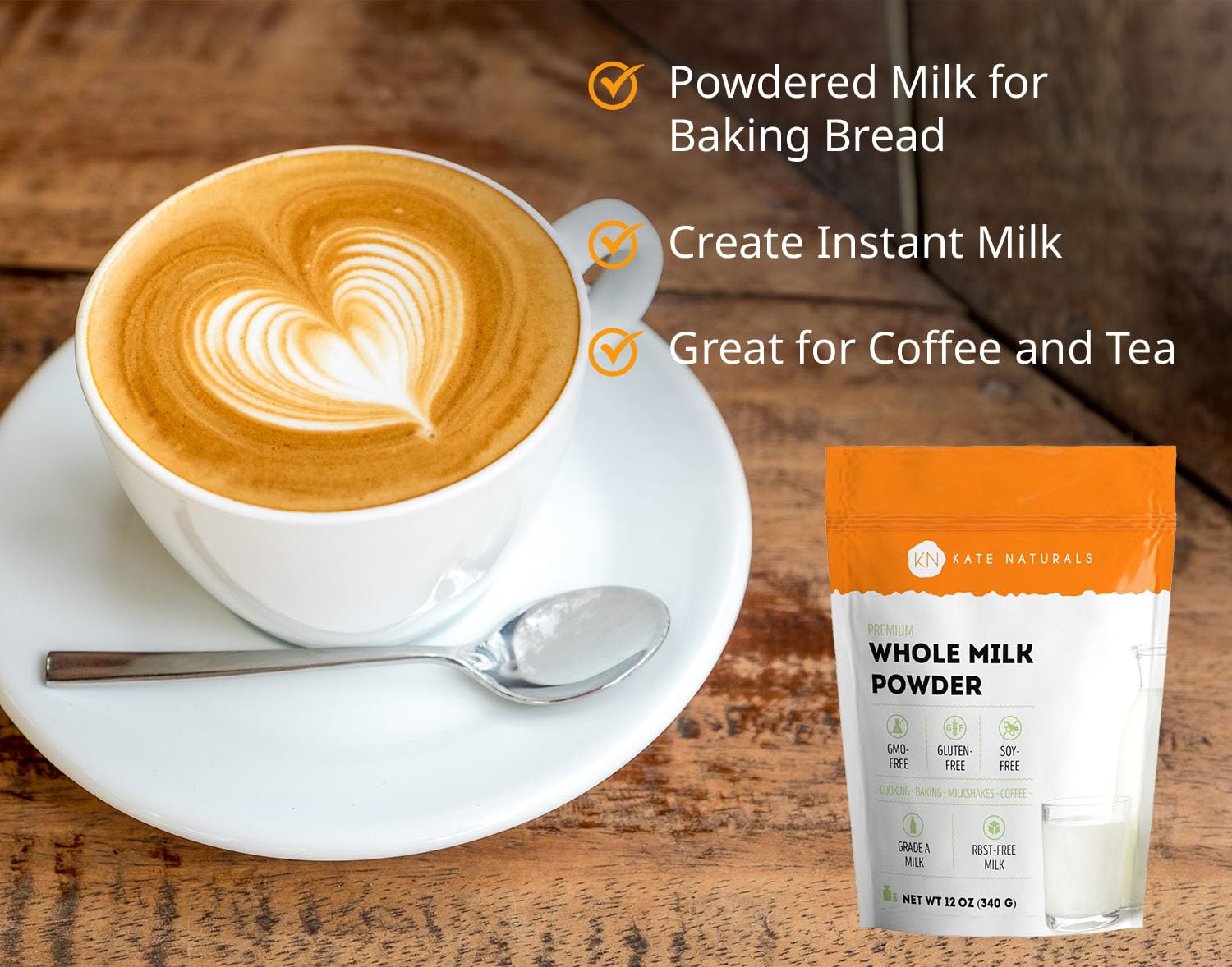 Kate Naturals Dry Whole Milk Powder for Baking, Coffee & Milkshakes (12oz) RBST-Free, Made in USA, Dried Powdered Substitute For Liquid Milk