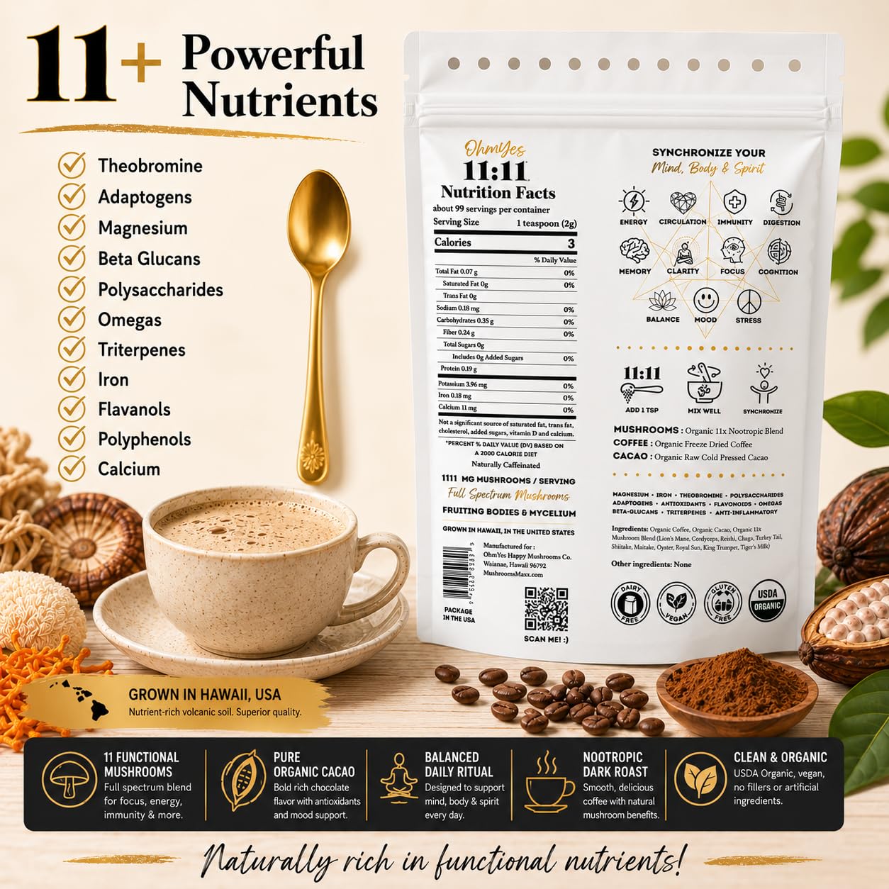 OhmYes Mocha Mushroom Coffee with Pure Cacao | Organic 11 Mushroom Adaptogen Blend (Lions Mane, Reishi, Chaga, Cordyceps) | Premium Chocolate Dark