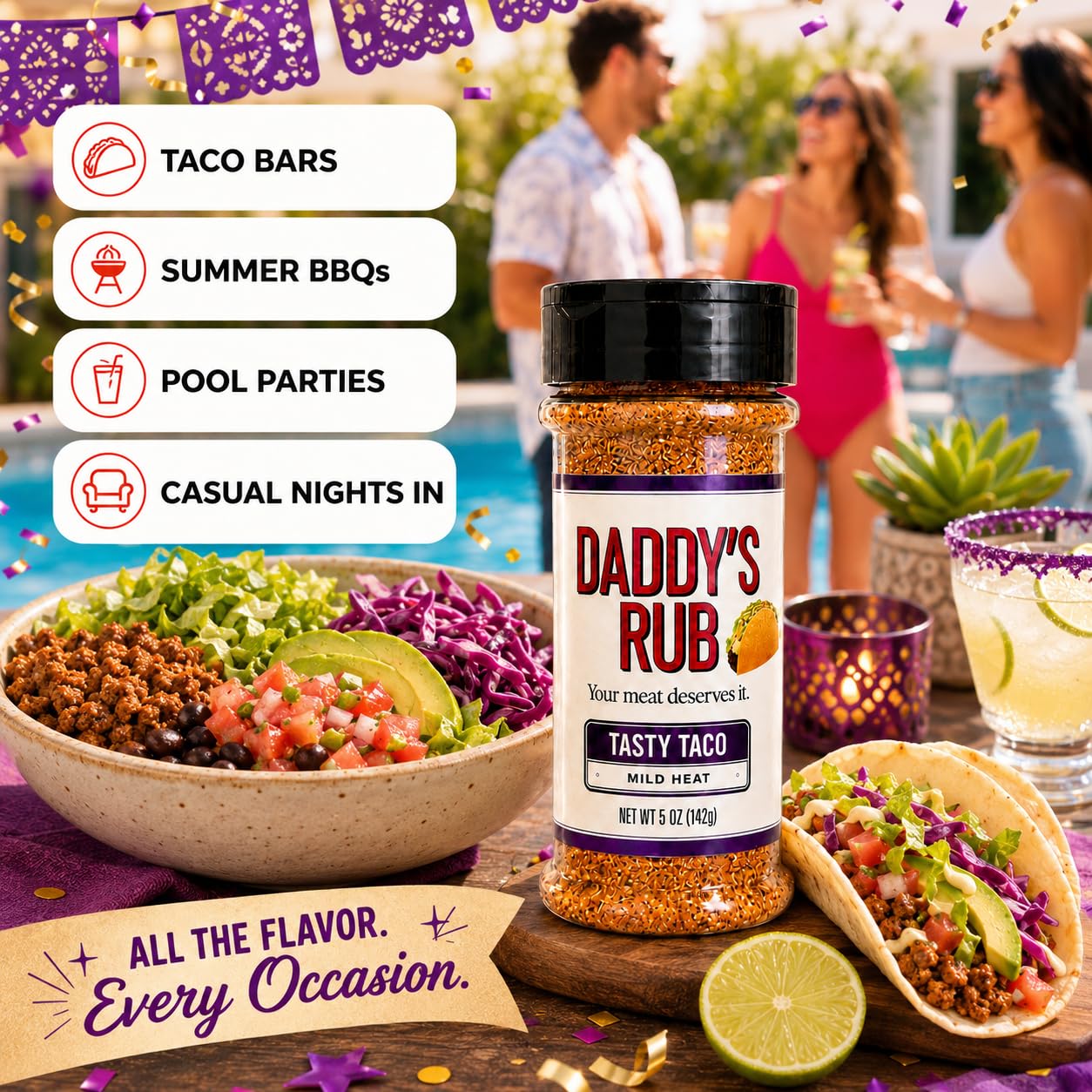 Daddy’s Rub Tasty Taco Seasoning Mix - Mild Heat Taco & Fajita Spice Blend for Easy Weeknight Meals, 5oz (Pack of 1)