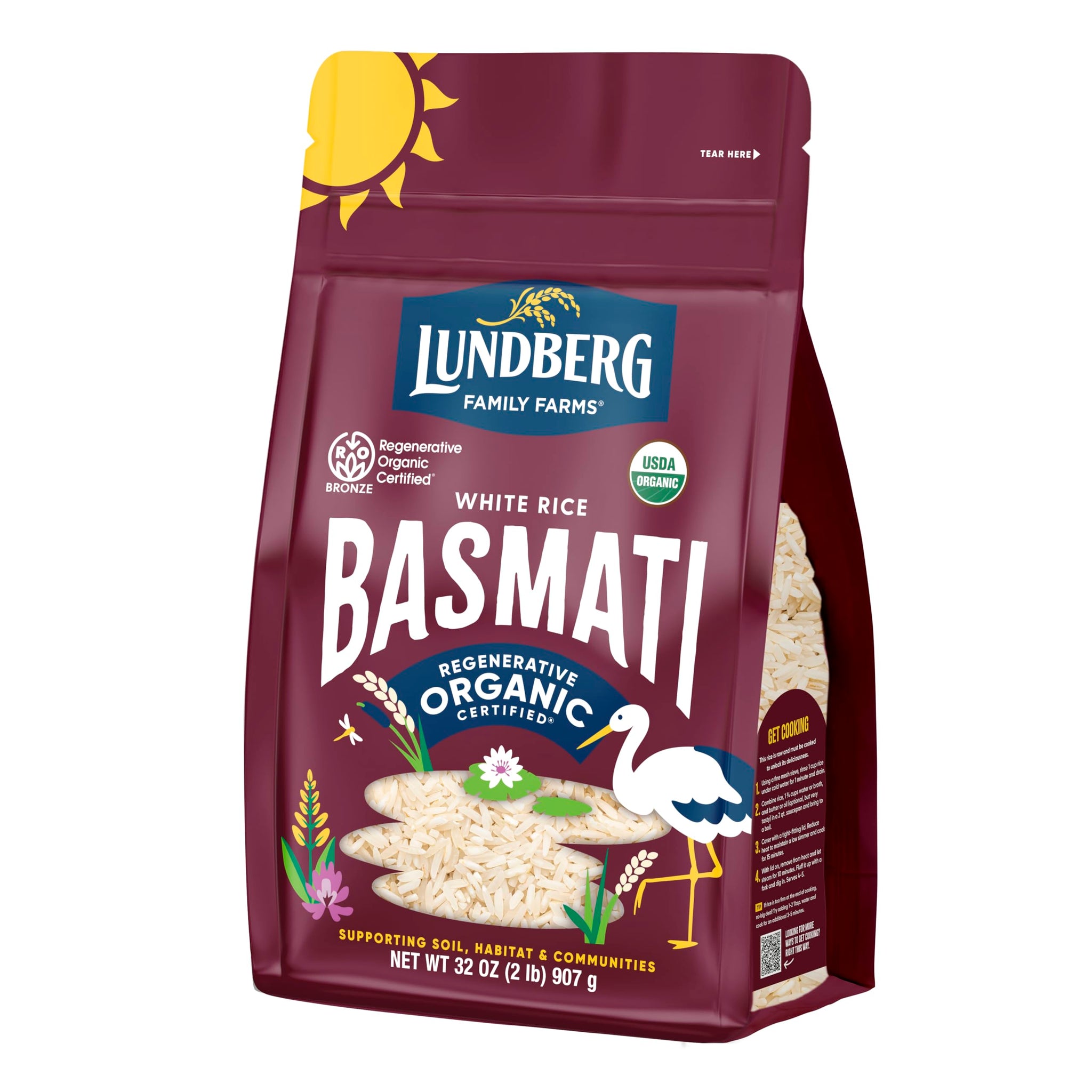 Lundberg Basmati Rice, Organic Long Grain White Rice - Non-Sticky, Fluffy Aromatic Rice, Vegan Food, Healthy Meals, Gluten-Free Rice Grown in California, 32 Oz