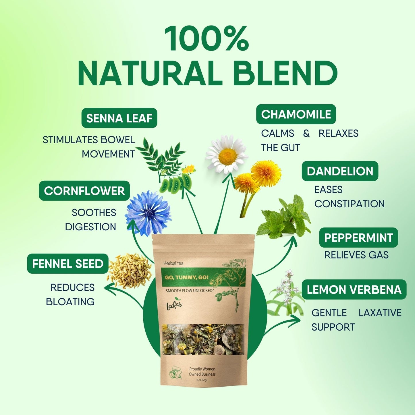 Leckar Go Tummy Go Herbal Tea - Natural Digestive Support & Bloating Relief - Gentle Detox & Regularity Blend with Senna, Fennel & Dandelion