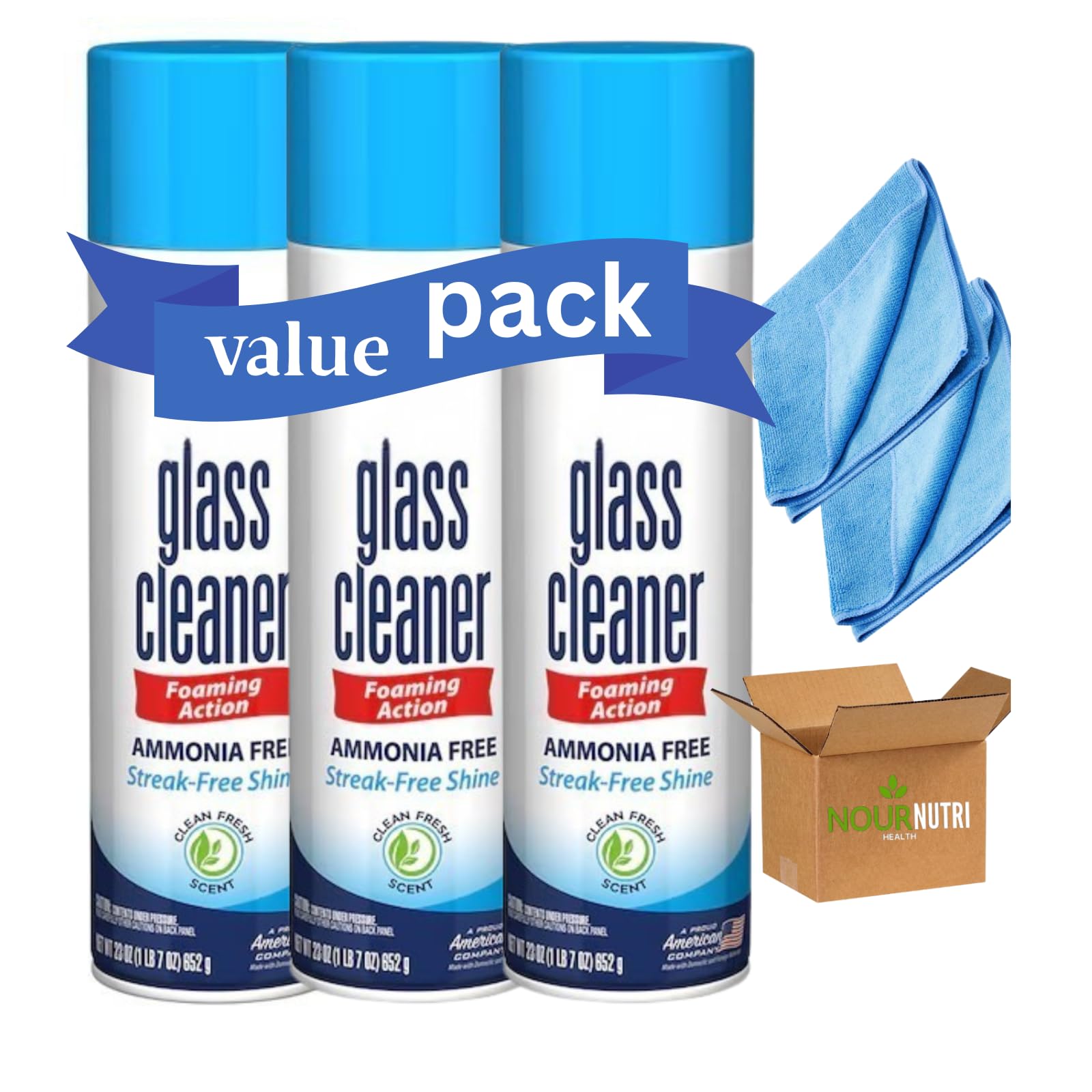 Nour Nutri Health Pack (3 bottles) Glass Cleaner Foam Action Cleaner 23 oz each, with 2 Microfiber Cleaning Cloth