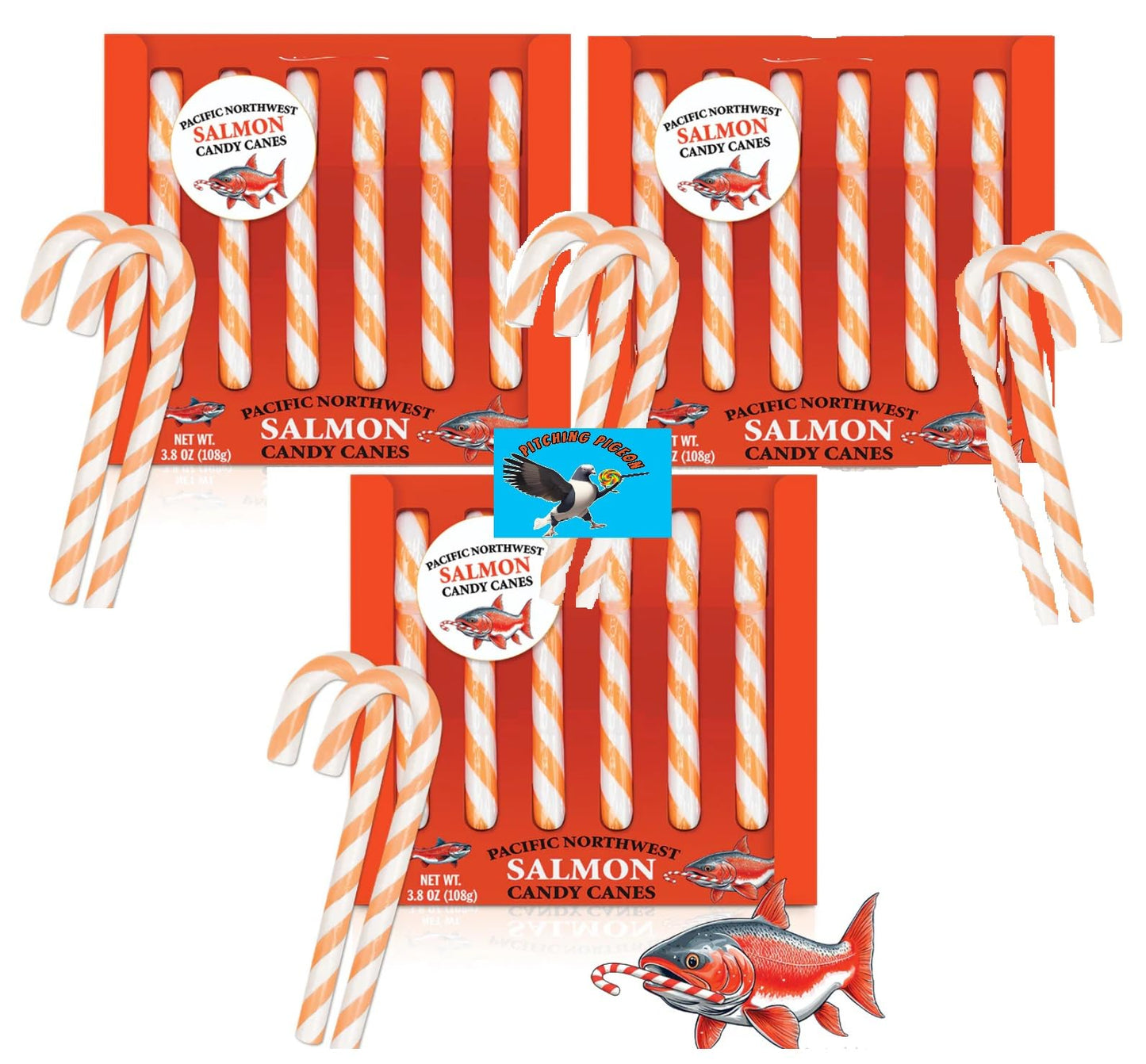 Salmon Flavored Christmas Candy Canes 18ct - Hilarious Savory Holiday Prank Candy, Funny Gag Gift Stocking Stuffers, Weird Novelty Candy for Secret