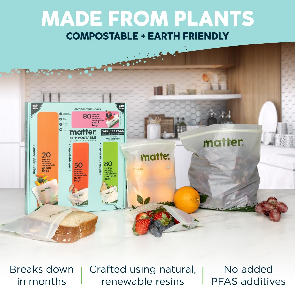 Matter Compostable Assorted Kitchen Bags, 230 Count, Biodegradable, Eco-Friendly Resealable Food Storage Variety Pack, 80 Snack, 80 Sandwich, 50 Quart