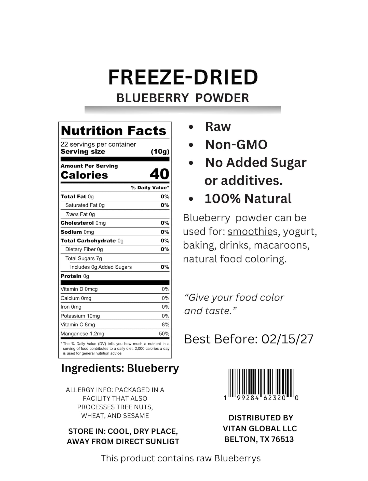 Blueberry Powder 8 oz, Freeze-Dried, Vivolius, No Added Sugar, GMO Free.