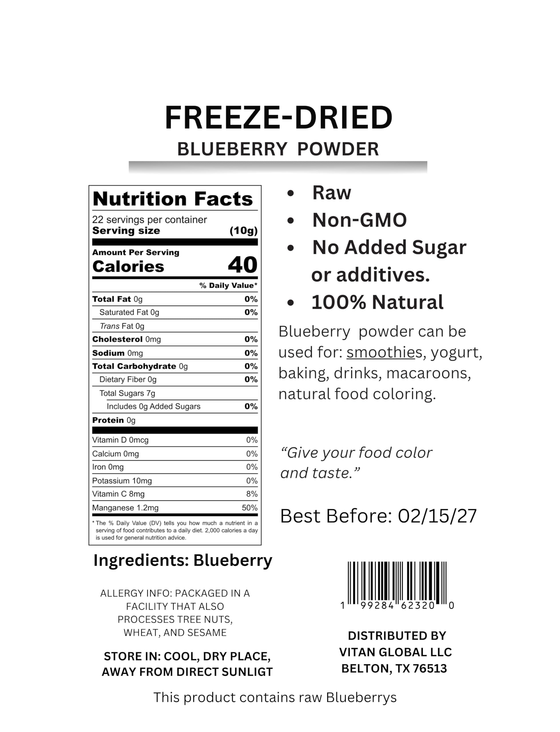 Blueberry Powder 8 oz, Freeze-Dried, Vivolius, No Added Sugar, GMO Free.