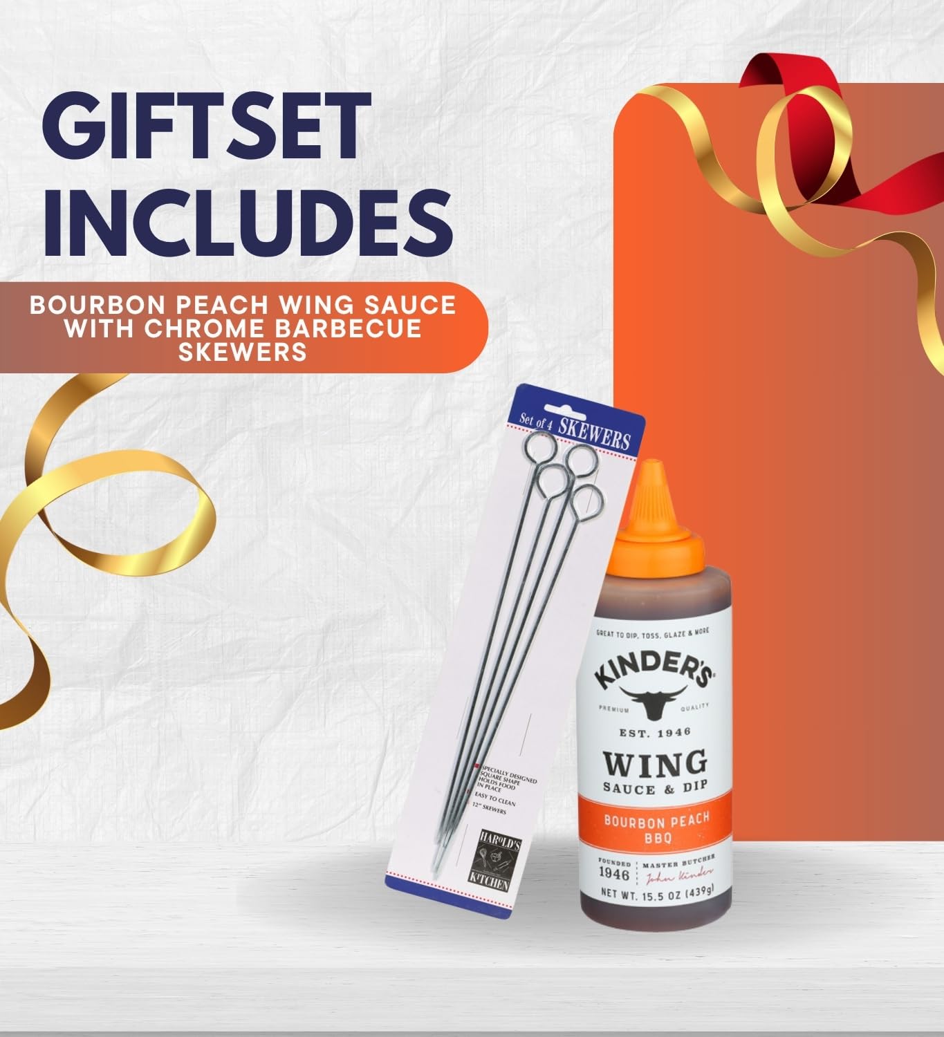 Bourbon Peach BBQ Wing Sauce 15.5 oz Bundle with Barbecue Skewers - Rib Glaze Sweet and Smoky Glaze for Grilling, Roasting, and Marinating - Gift Set