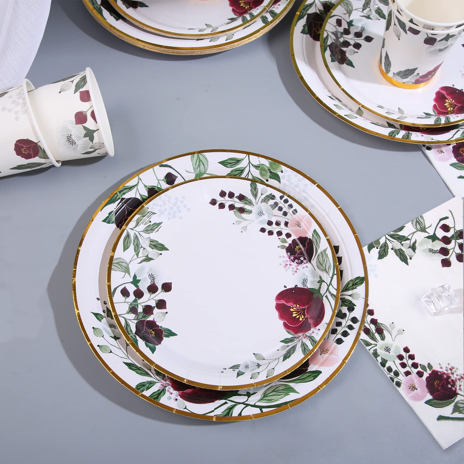 Gudvilla 200Pcs Floral Paper Plates and Napkins Party Supplies - Bridal Shower Decorations Serves 50, Burgundy for Wedding, Birthday, Valentine's Day