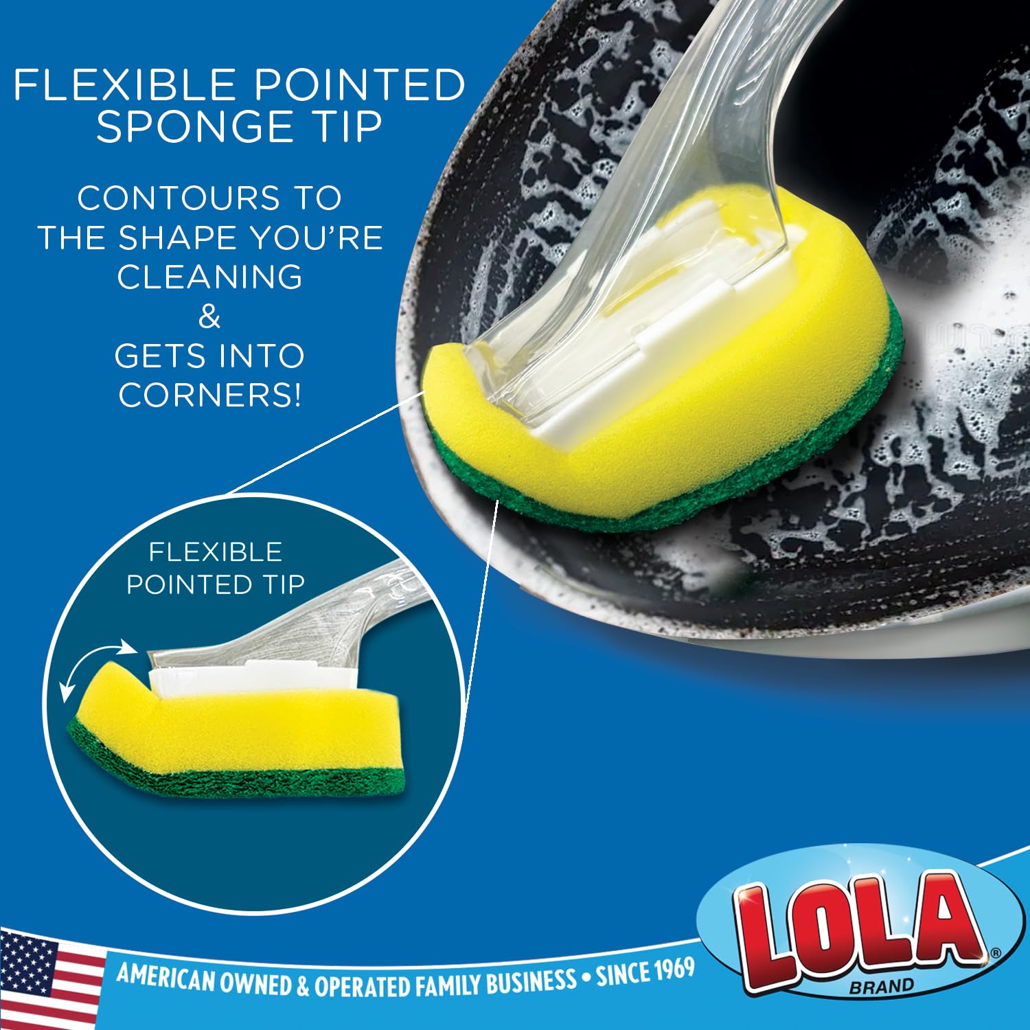 LOLA Dish Brush w/Soap Dispenser Wand, 1 Brush w/Head & 6 Refills, Absorbent Sponge Scrubber, No Leaking. Clean Dishes, Sinks and Cookware