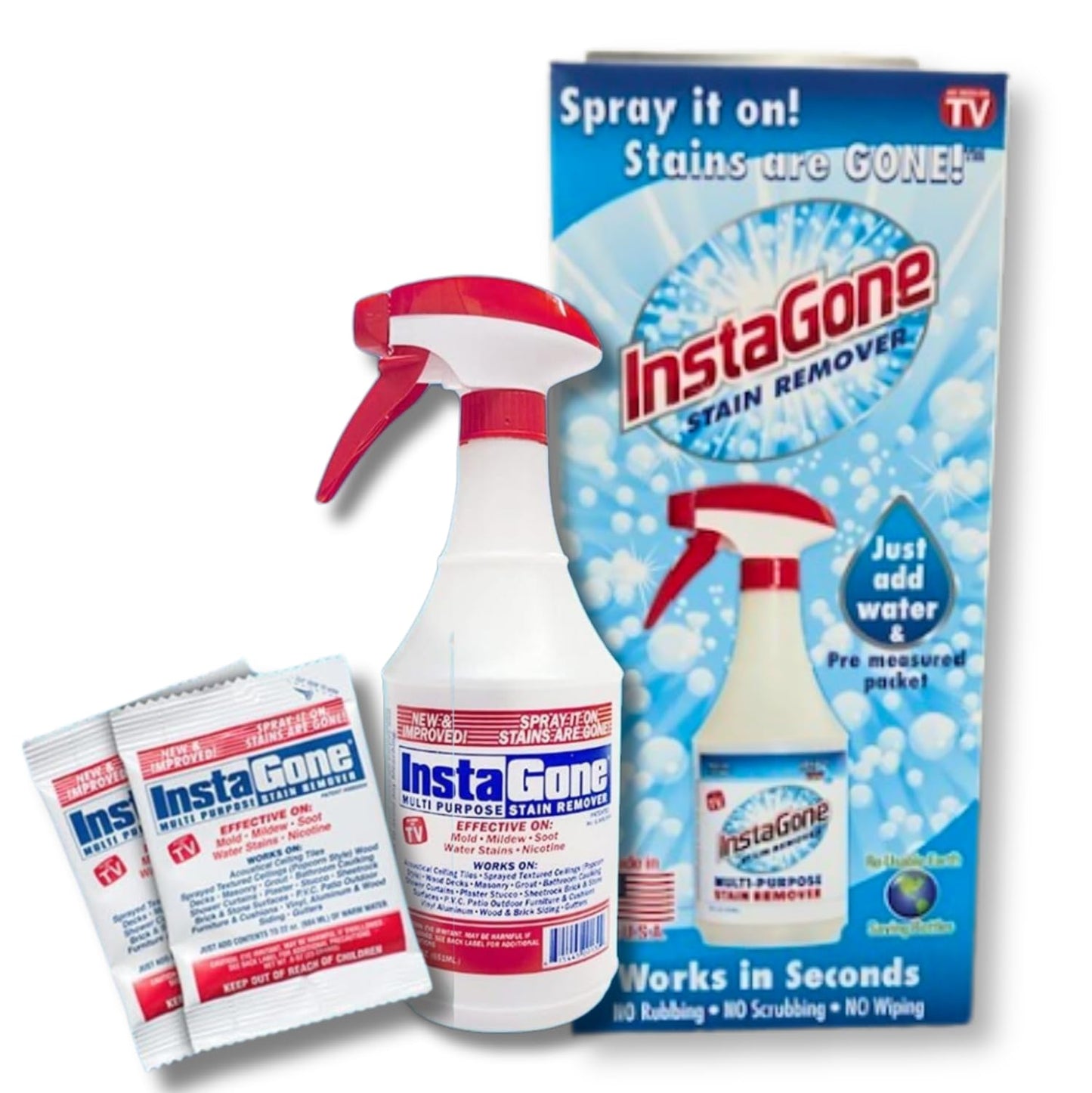 INSTAGONE Stain Remover - RETAIL (2 Pack + 24oz Spray Bottle) - Just Add Water - Indoor/Outdoor Ceiling, Wall, Bathroom, Roof, PVC Fence, Patio
