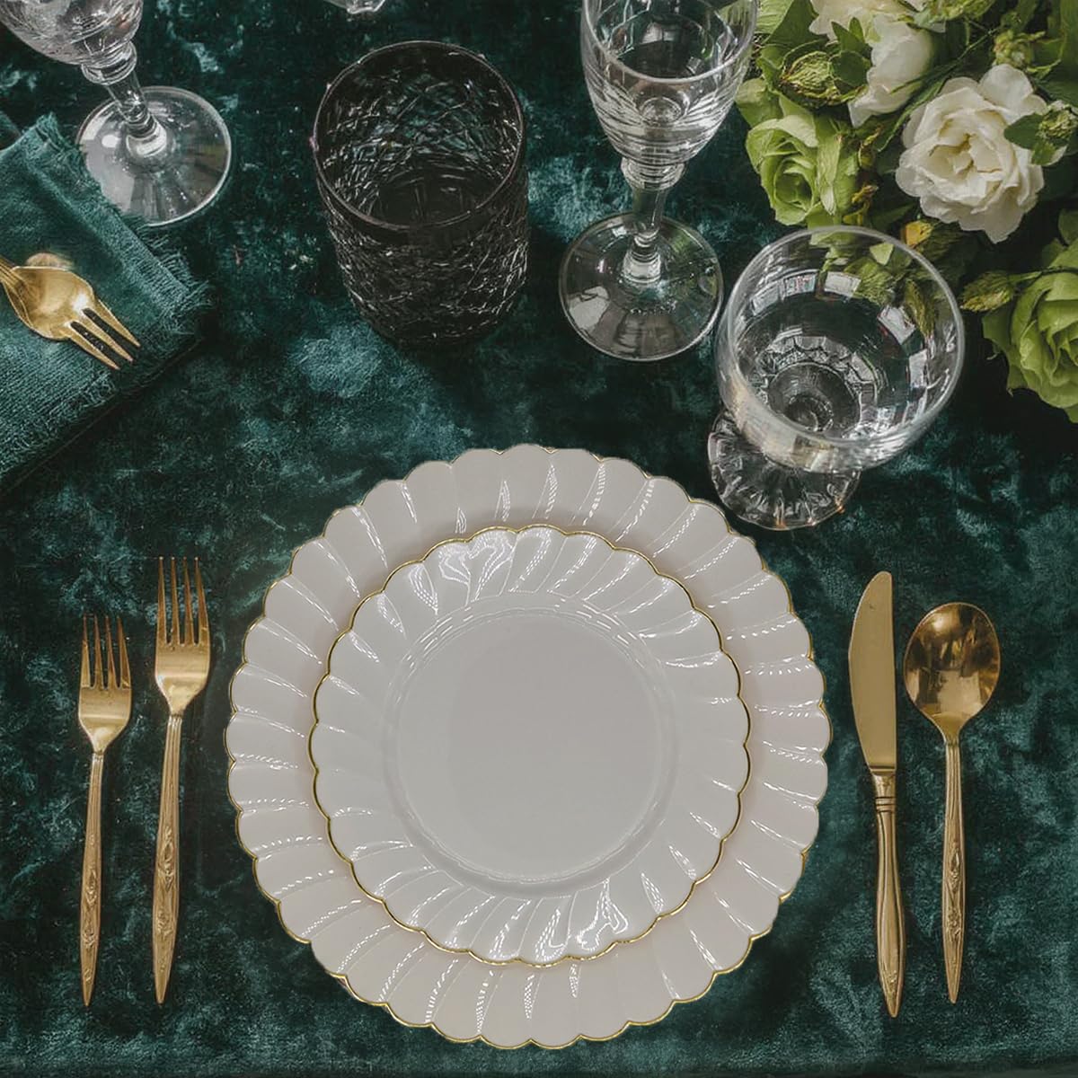 Sobel & Gala PREMIUM 40 Piece Ivory Scalloped Plastic Plates with Gold Rim - 20 Dinner and 20 Dessert - Fancy Disposable Plates for Party - Elegant