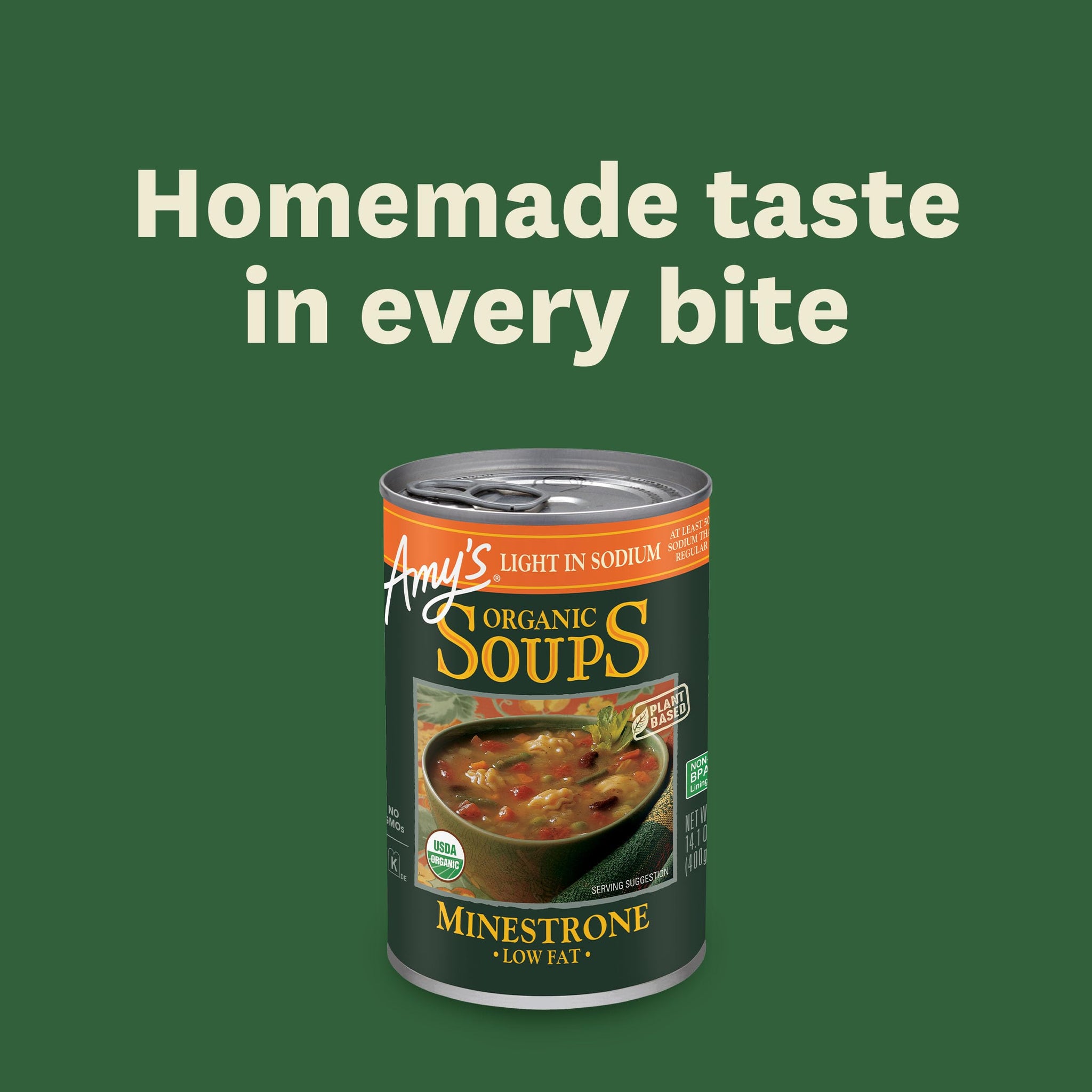 Amy’s Soup, Vegan Minestrone Soup, Light in Sodium, Made With Organic Vegetables, Beans and Pasta in Tomato Broth, Canned Soup, 14.1 Oz