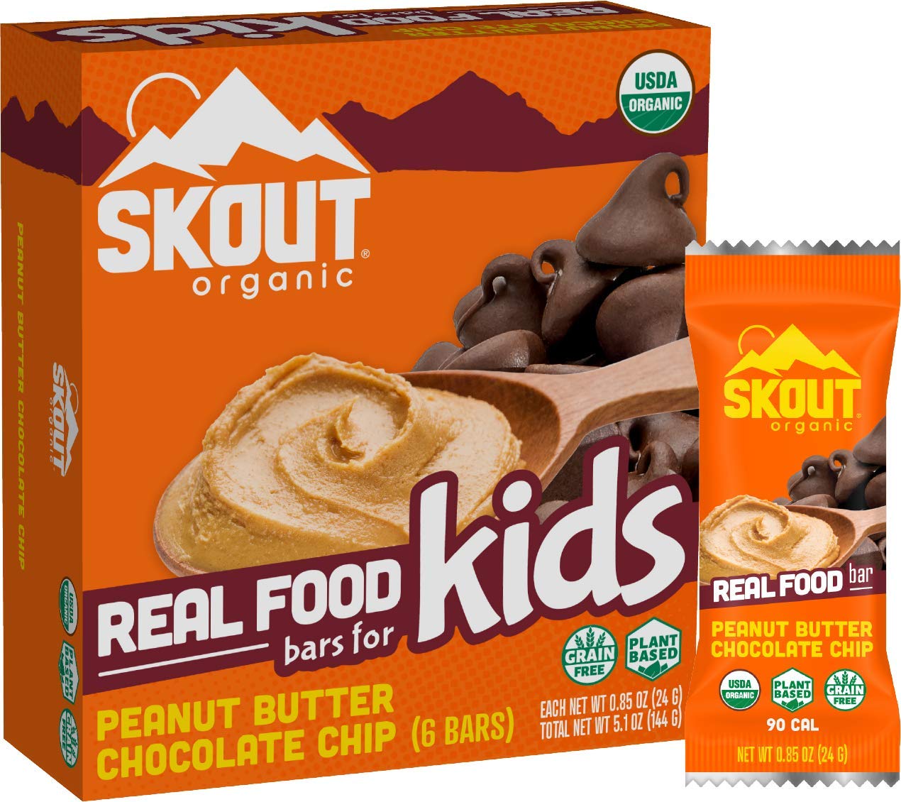 Skout Organic Peanut Butter Chocolate Chip Real Food Bars for Kids (6 Pack) | Organic Snacks for Kids | Plant-Based Nutrition, | Vegan | Gluten