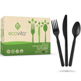 Ecovita 100% Compostable Forks Spoons Knives Cutlery Combo Set - 380 Large Disposable Utensils (7 in.) Eco Friendly Durable and Heat Resistant