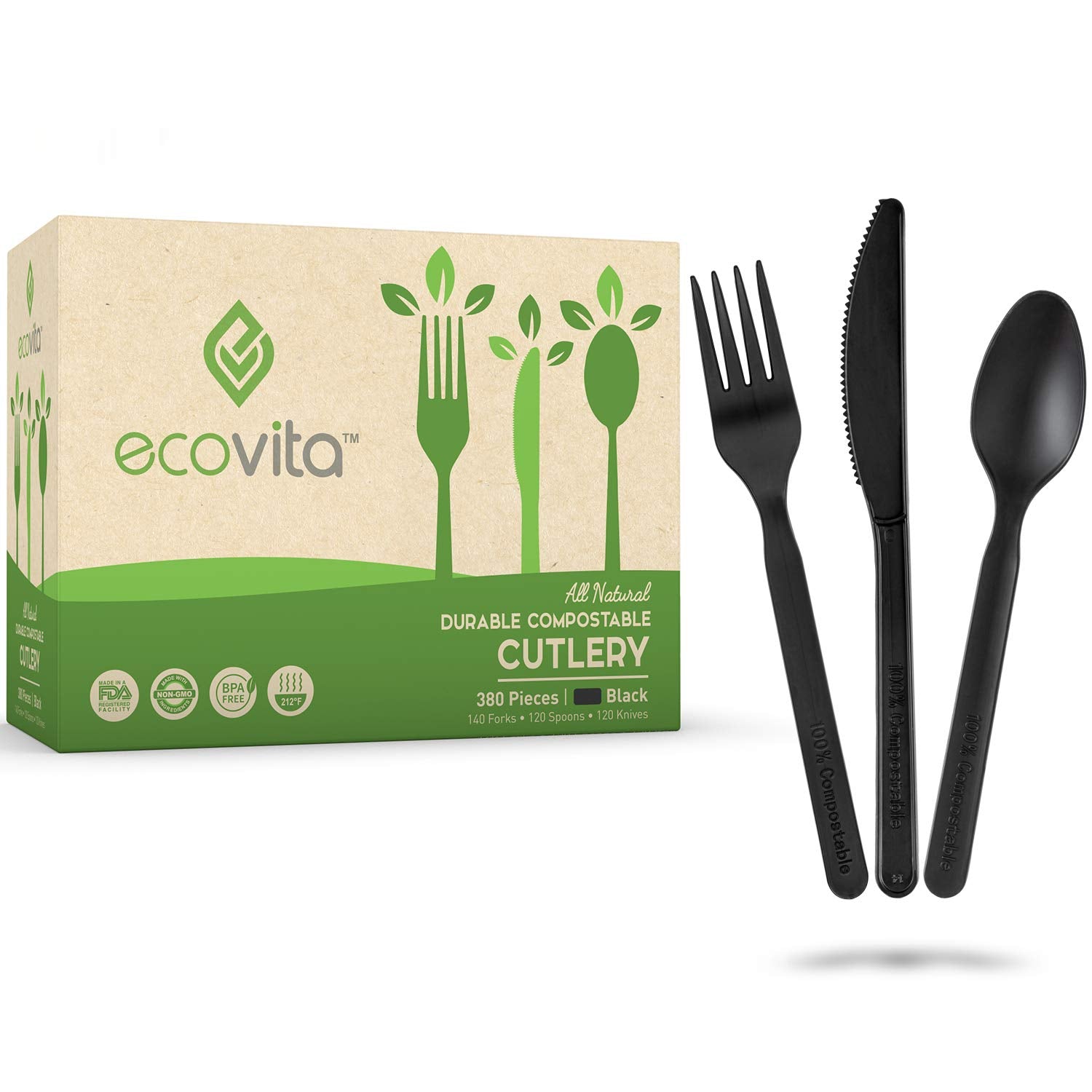 Ecovita 100% Compostable Forks Spoons Knives Cutlery Combo Set - 380 Large Disposable Utensils (7 in.) Eco Friendly Durable and Heat Resistant