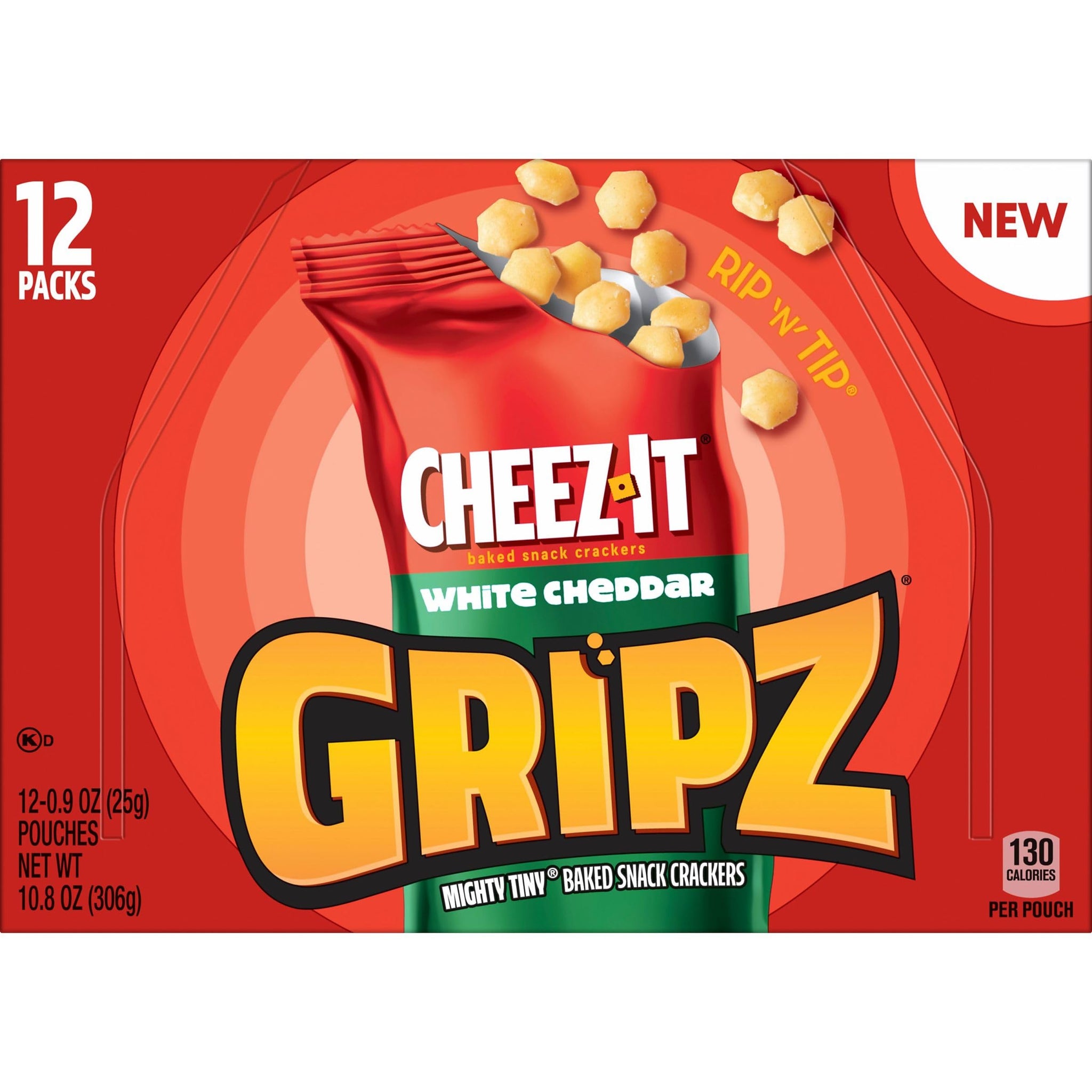 Gripz Mini Cheese Crackers, Kids Snacks, Baked Snack Crackers, Cheez-It White Cheddar, 10.8oz Box (12 Pouches)