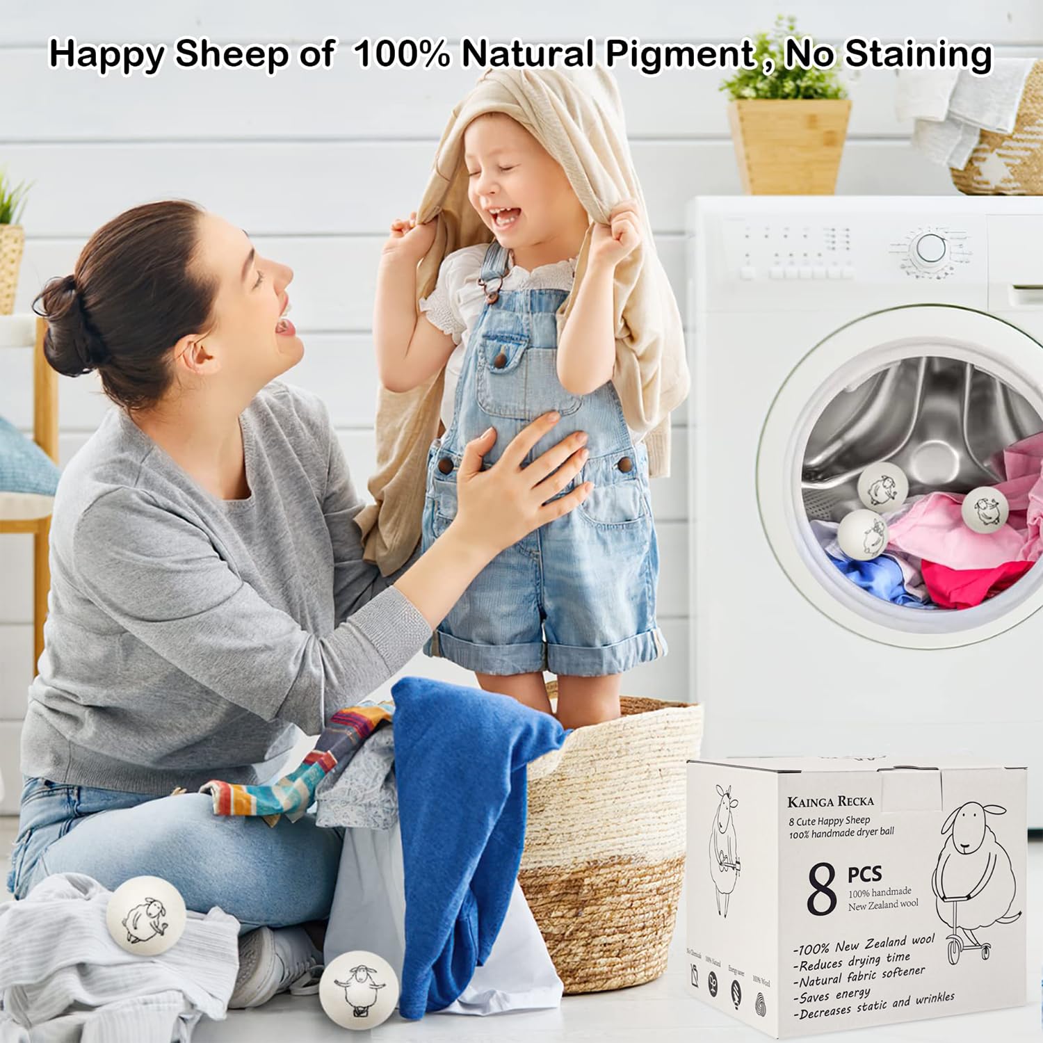 Wool Dryer Balls, 8PCS Dryer Balls with Happy Sheep - Natural & Organic, 100% New Zealand Wool Handmade, Chemical-Free Reusable Laundry Balls
