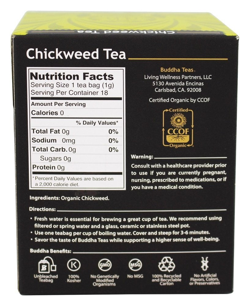 Buddha Teas - Organic Chickweed Tea - Herbal Tea - Single Ingredient - Mild, Earthy, Refreshing Taste - Enjoy Hot or Cold - Caffeine Free - 100%