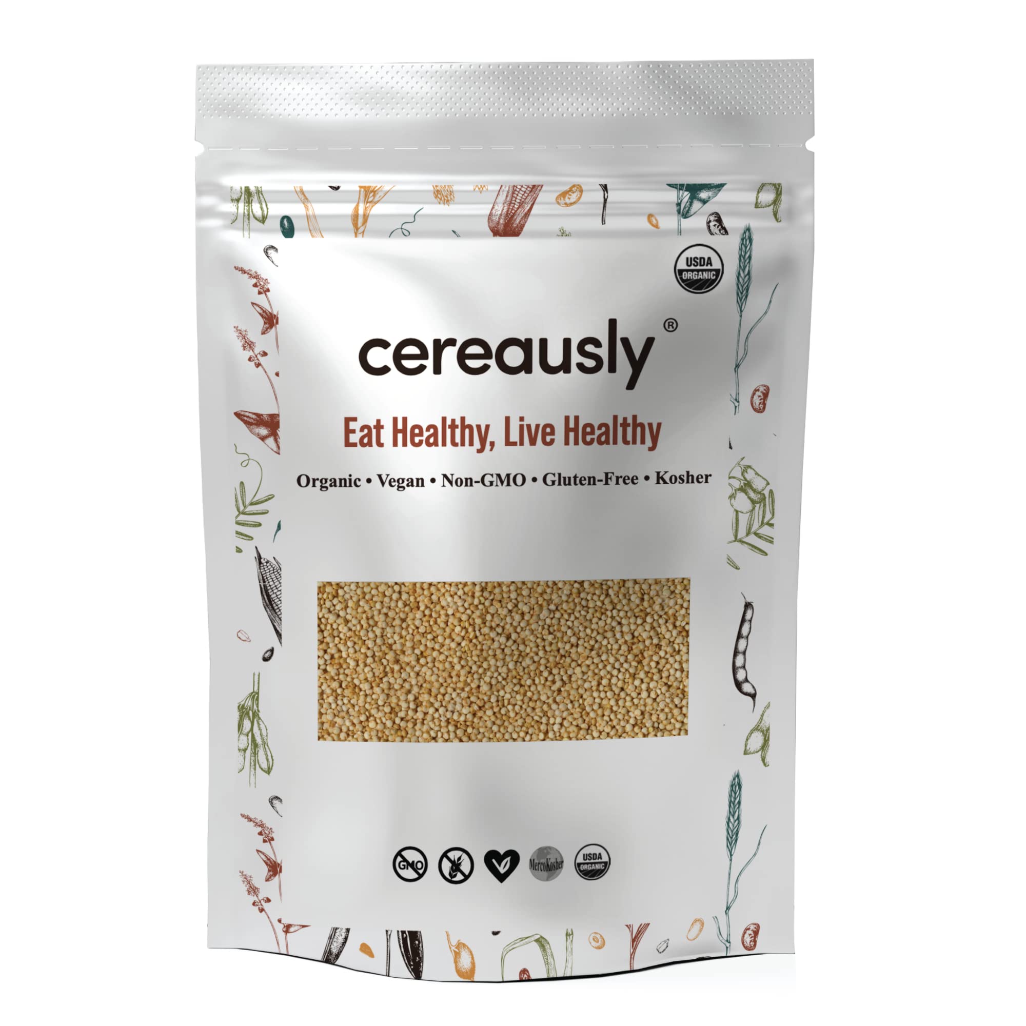 CEREAUSLY Organic White Quinoa - Premium Royal Quinoa from Bolivia - Kosher and Non-GMO Quinoa Bulk - Vegan and Gluten-Fee Cooking Quinoa - 4 LB